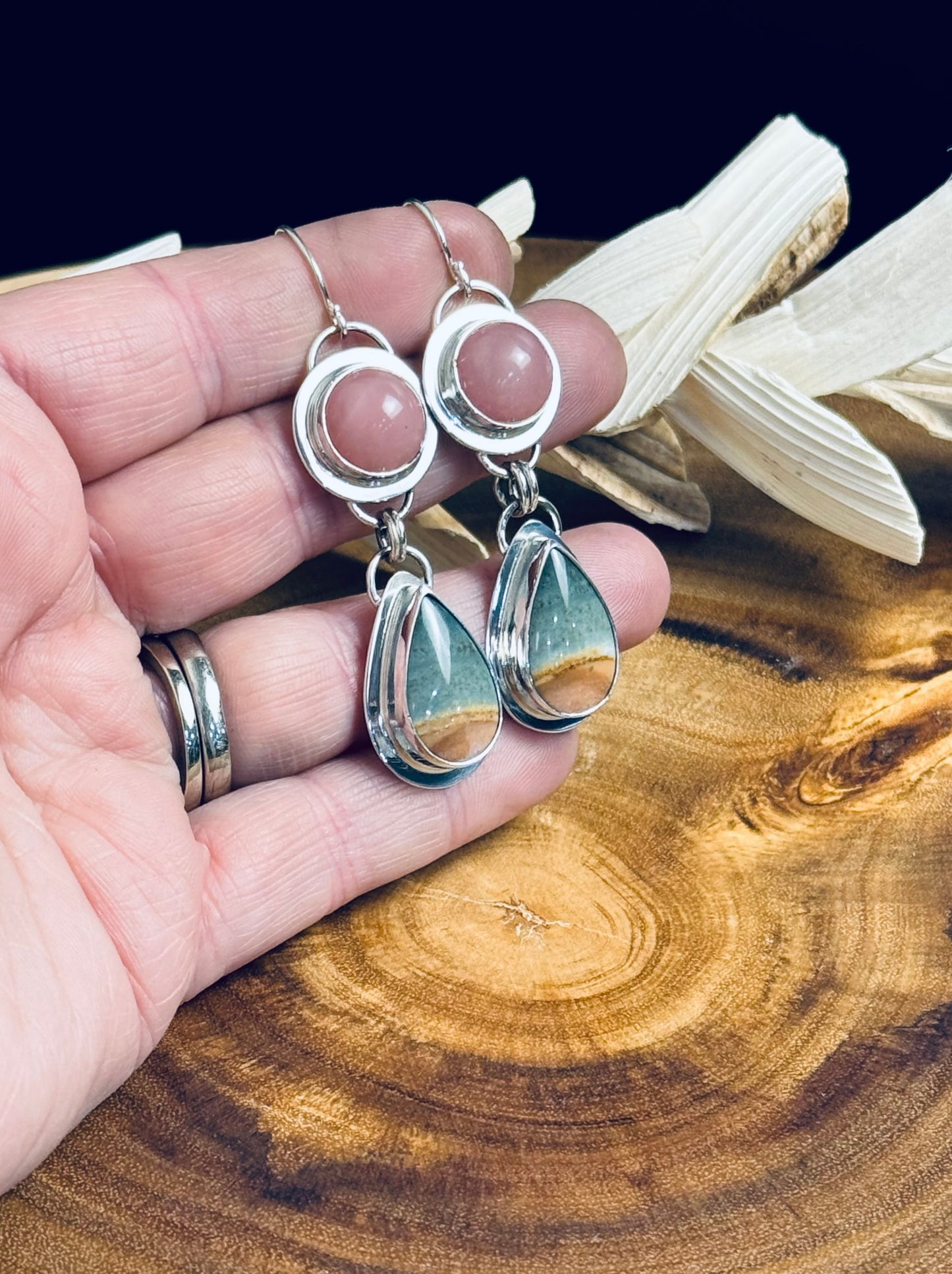 Polychrome Jasper and Guava Quartz Sterling Silver Earrings