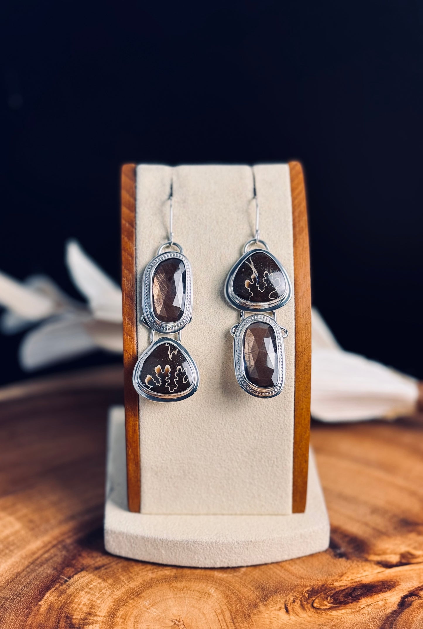 Sterling Silver Ammonite and Gold Sheen Sapphire Earrings