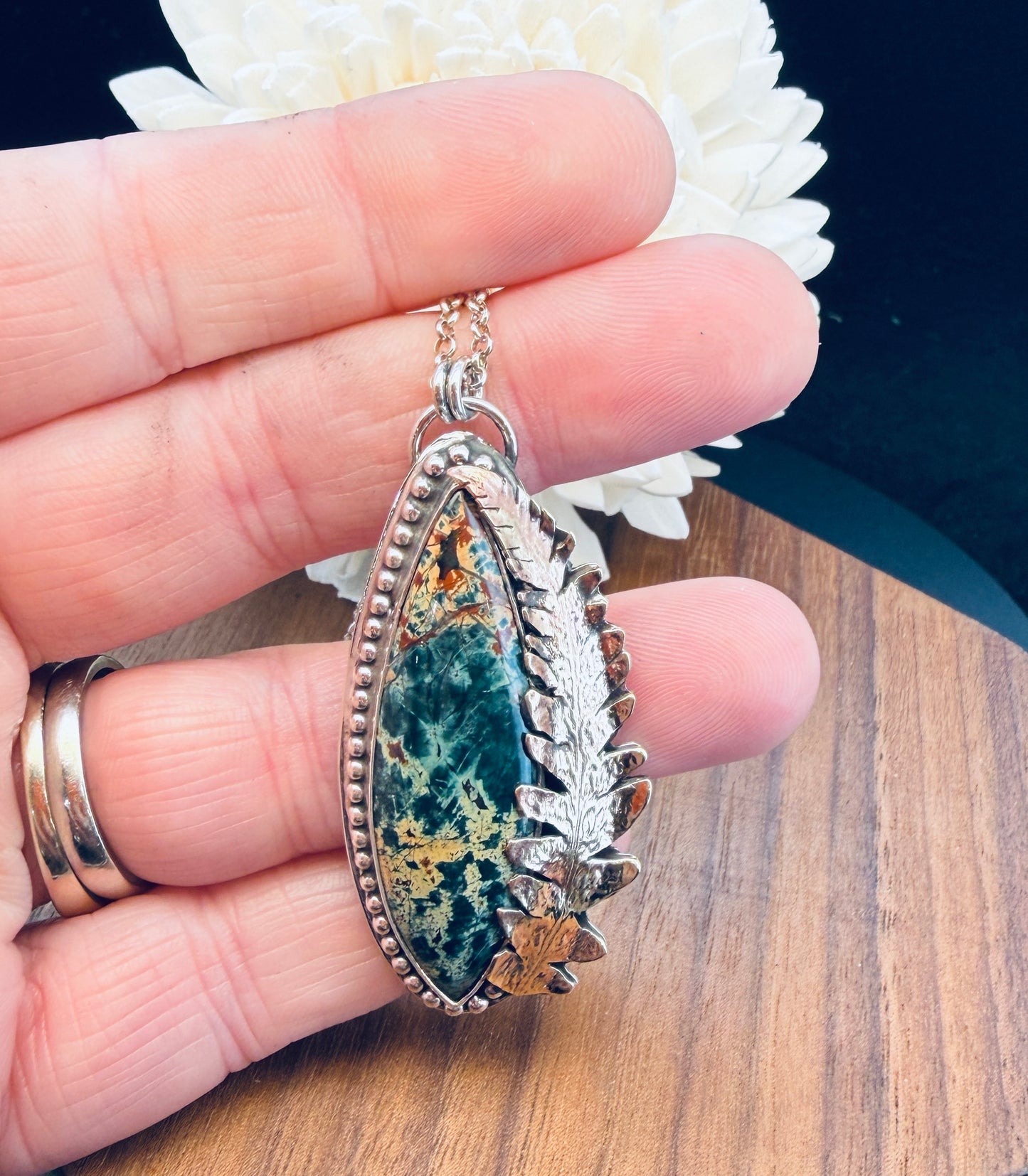 Sterling Silver Morning Dew Jasper with Brass Fern Leaf