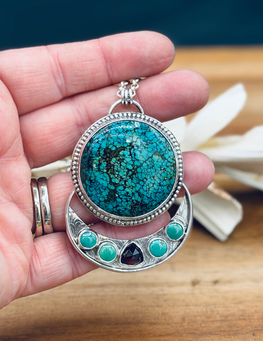 Hubei Turquoise with Turquoise and Garnet Sterling Silver Pendant