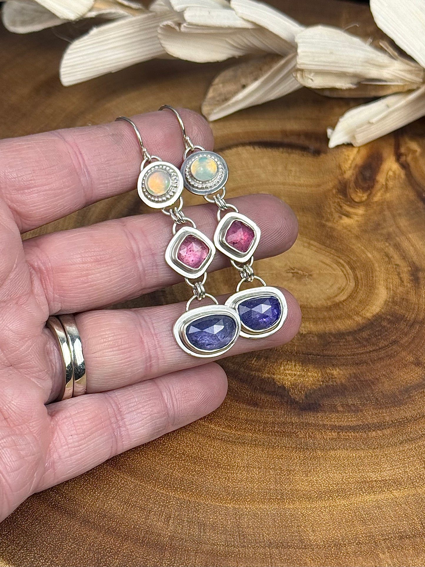 Sterling Silver Tanzanite, Pink Sapphire and Opal Earrings