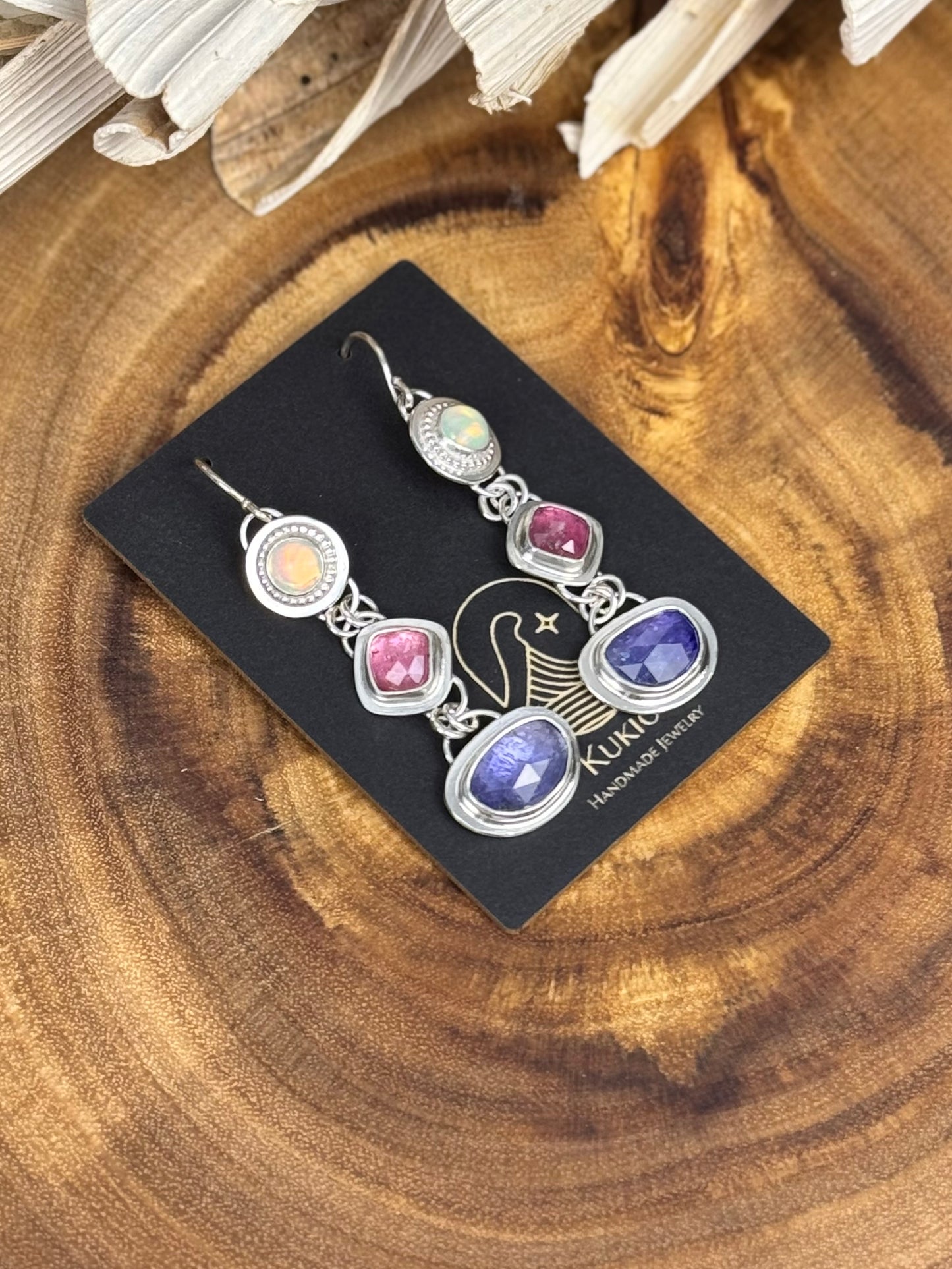 Sterling Silver Tanzanite, Pink Sapphire and Opal Earrings