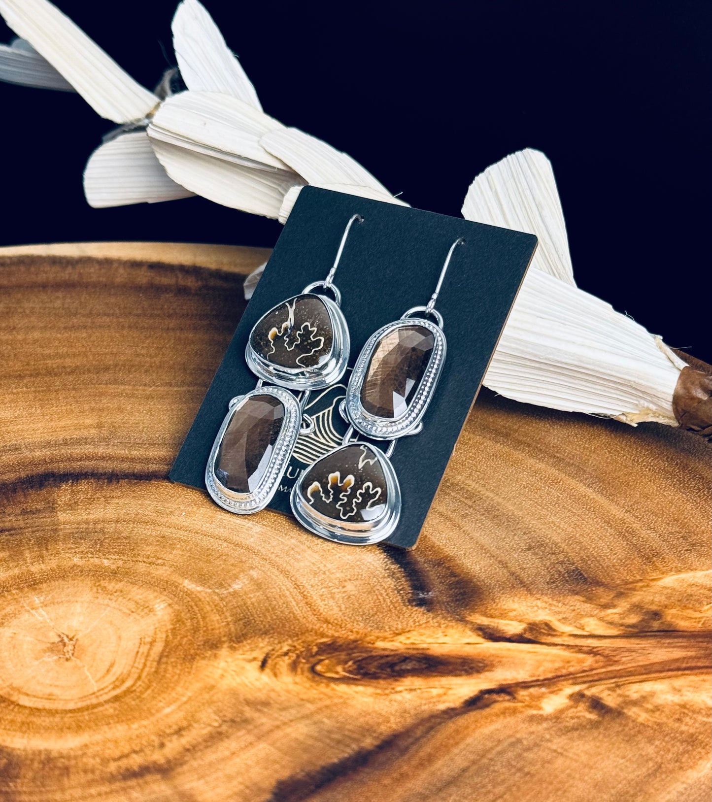 Sterling Silver Ammonite and Gold Sheen Sapphire Earrings