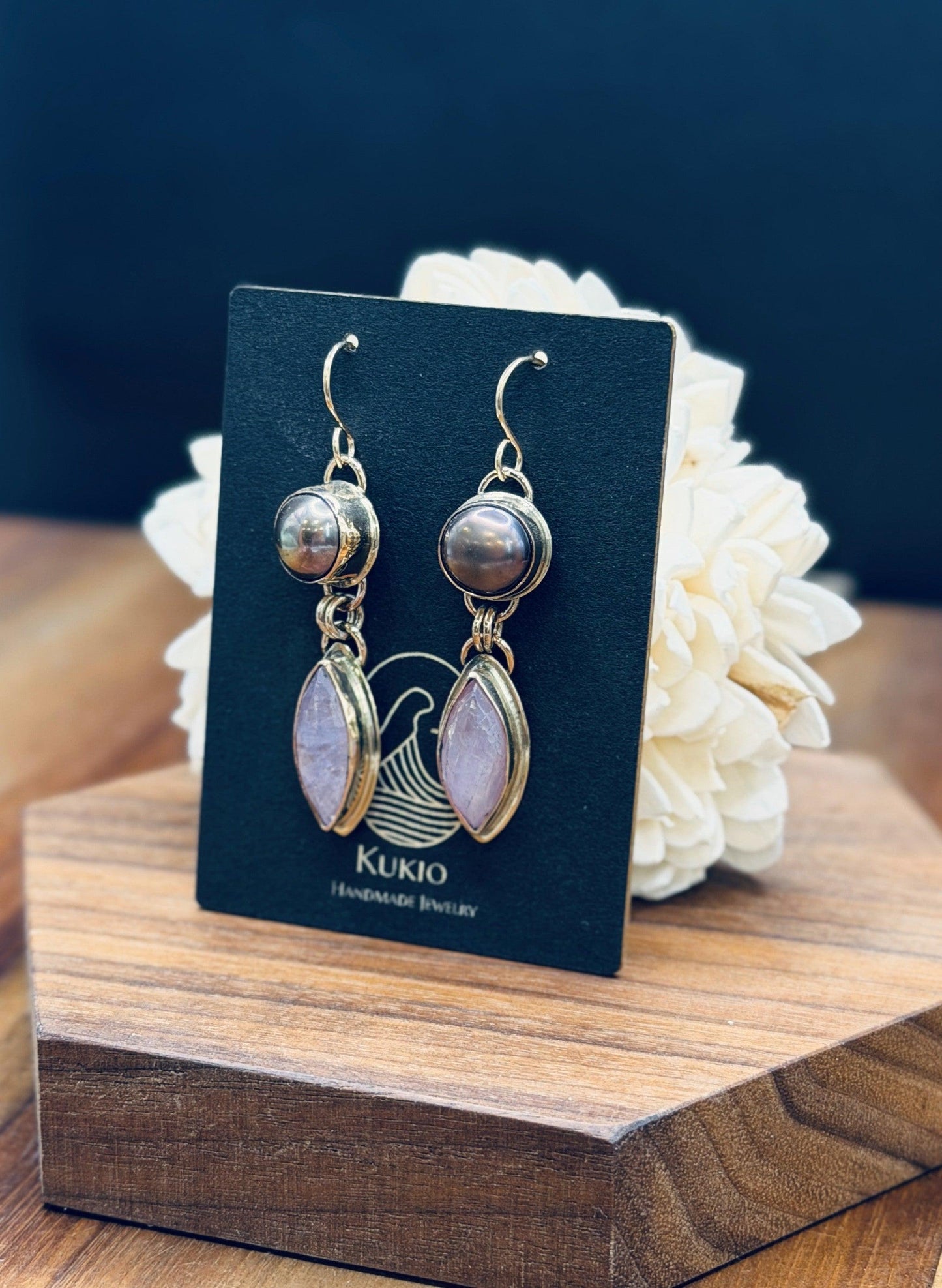 Pink Kunzite with Tahitian Pearl Earrings