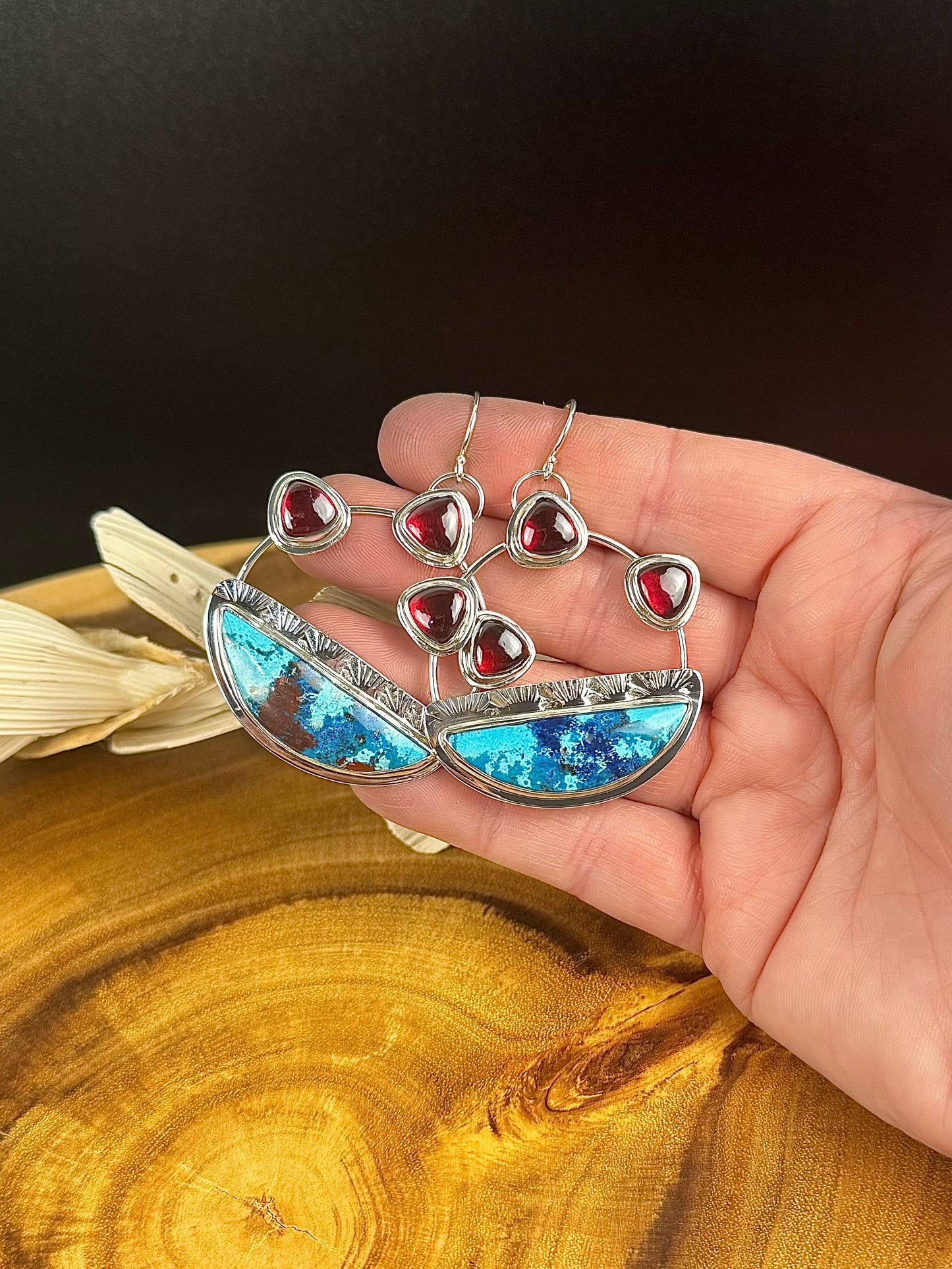 Shattuckite, Chrysocolla and Cuprite with Garnet Sterling Silver Earrings