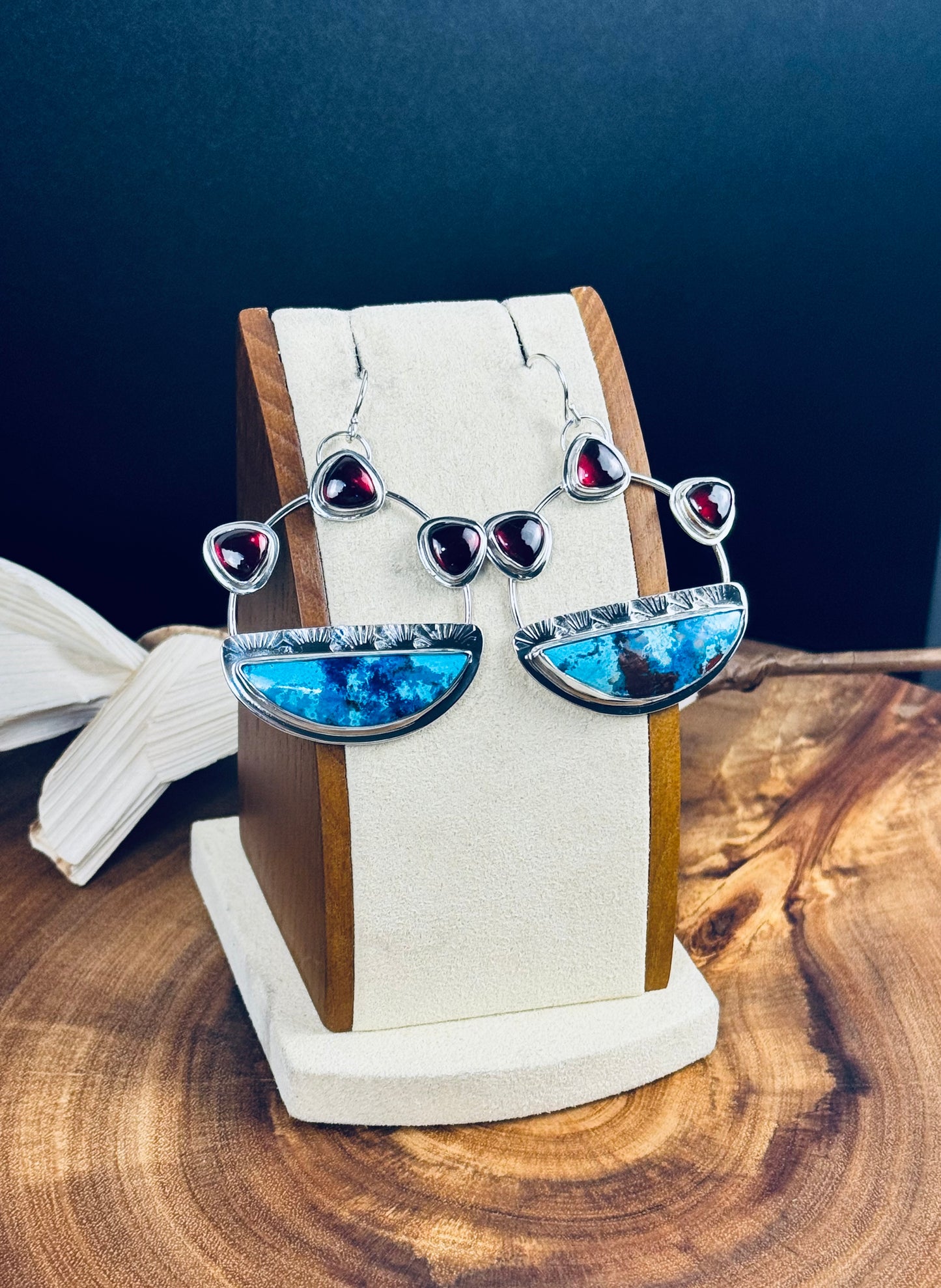 Shattuckite, Chrysocolla and Cuprite with Garnet Sterling Silver Earrings