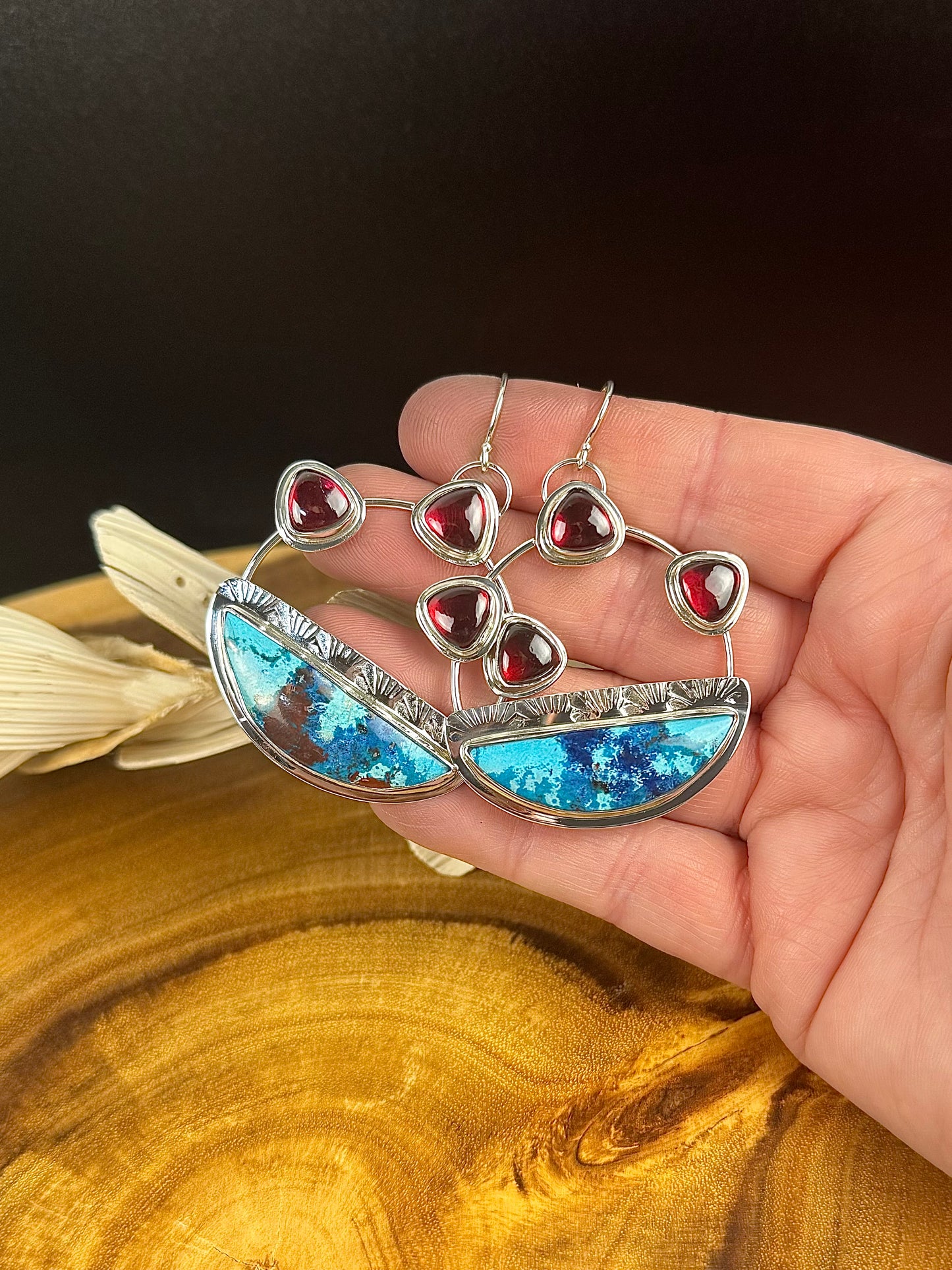 Shattuckite, Chrysocolla and Cuprite with Garnet Sterling Silver Earrings