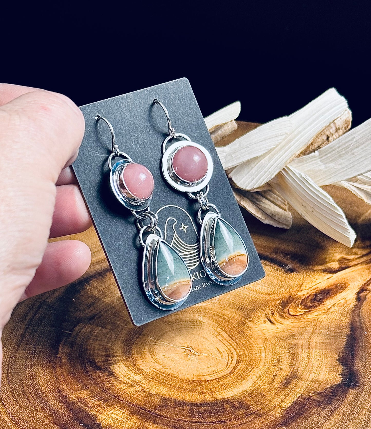 Polychrome Jasper and Guava Quartz Sterling Silver Earrings