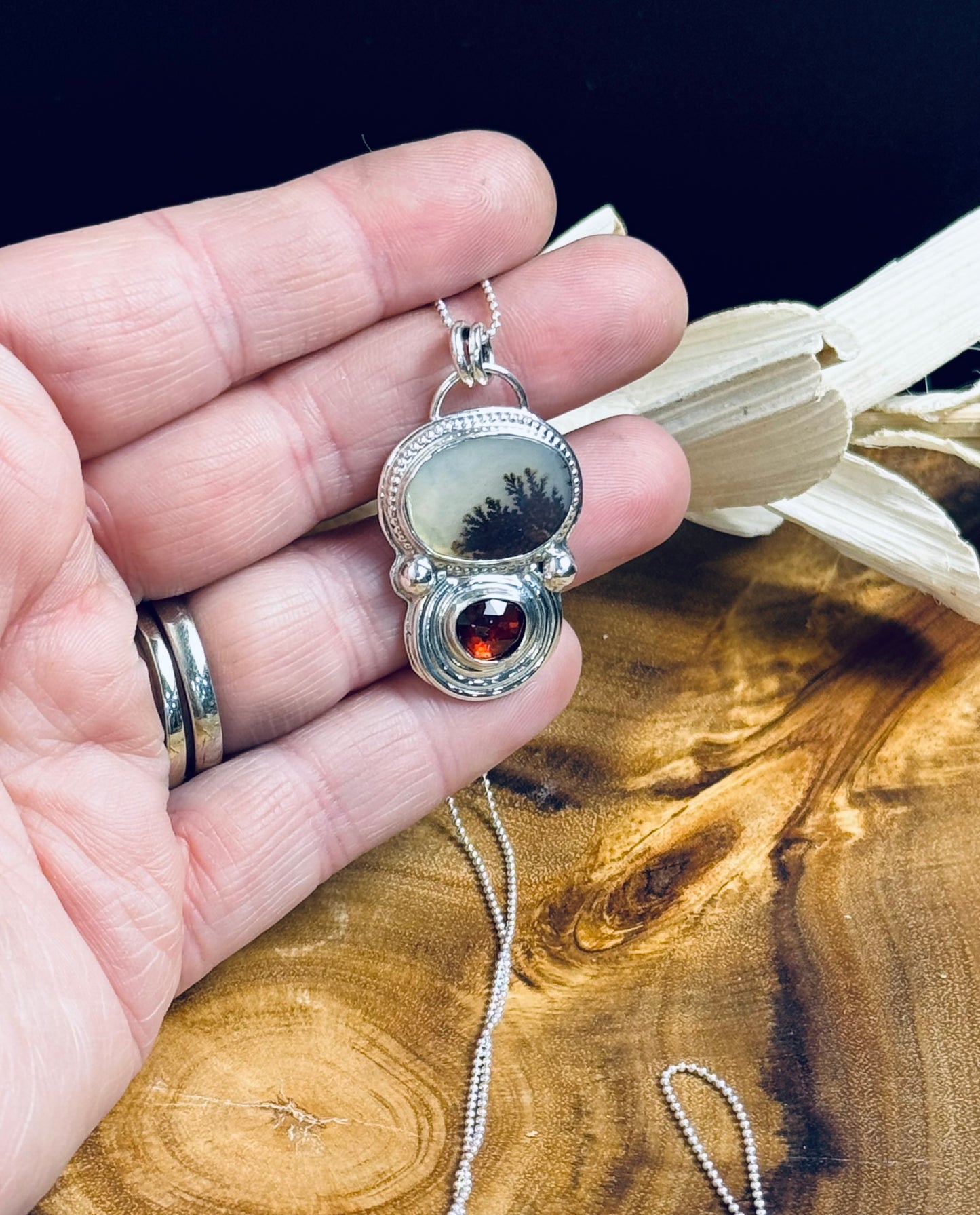 Sterling Silver Scenic Agate and Garnet Pendant Necklace