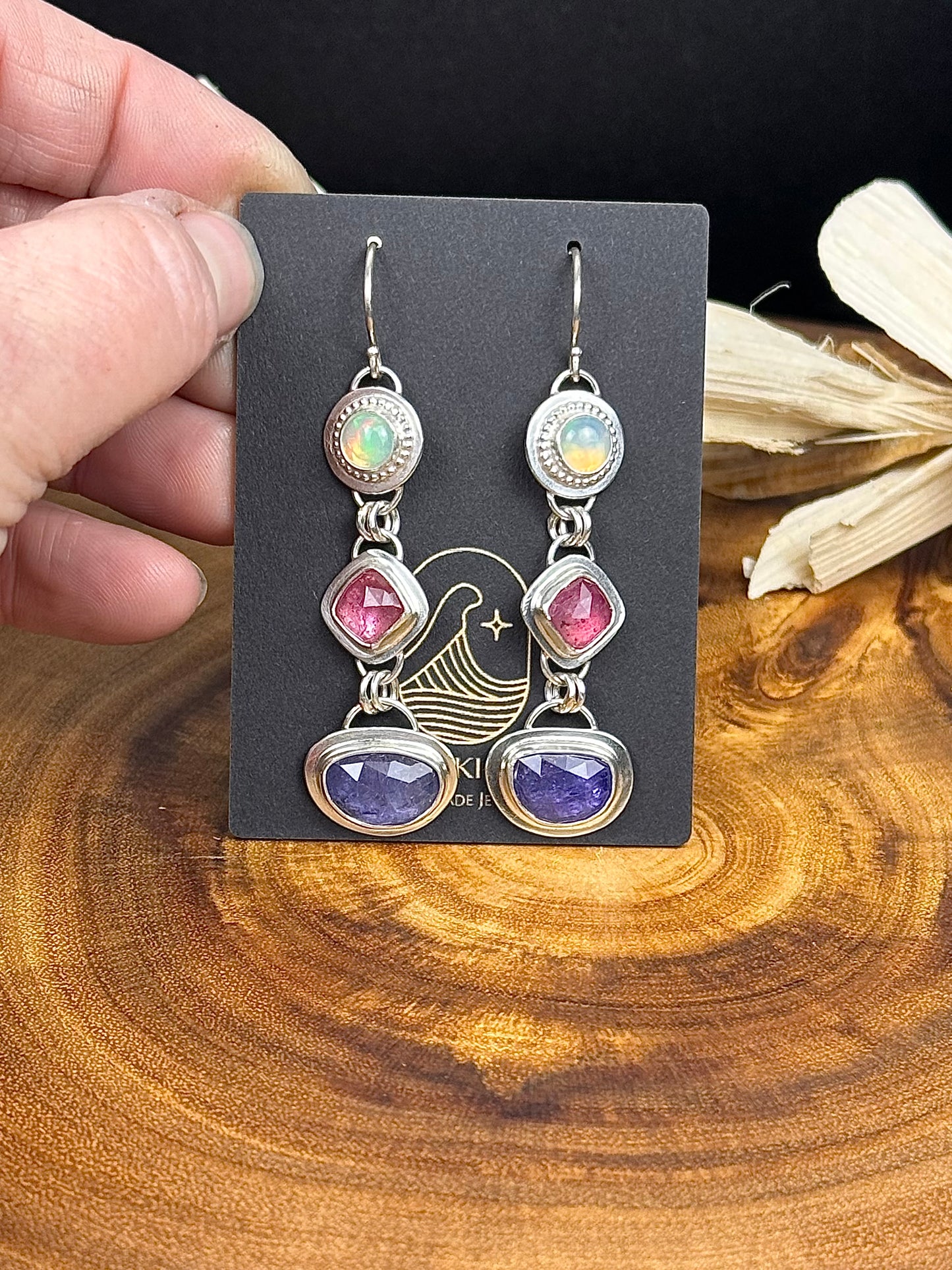 Sterling Silver Tanzanite, Pink Sapphire and Opal Earrings