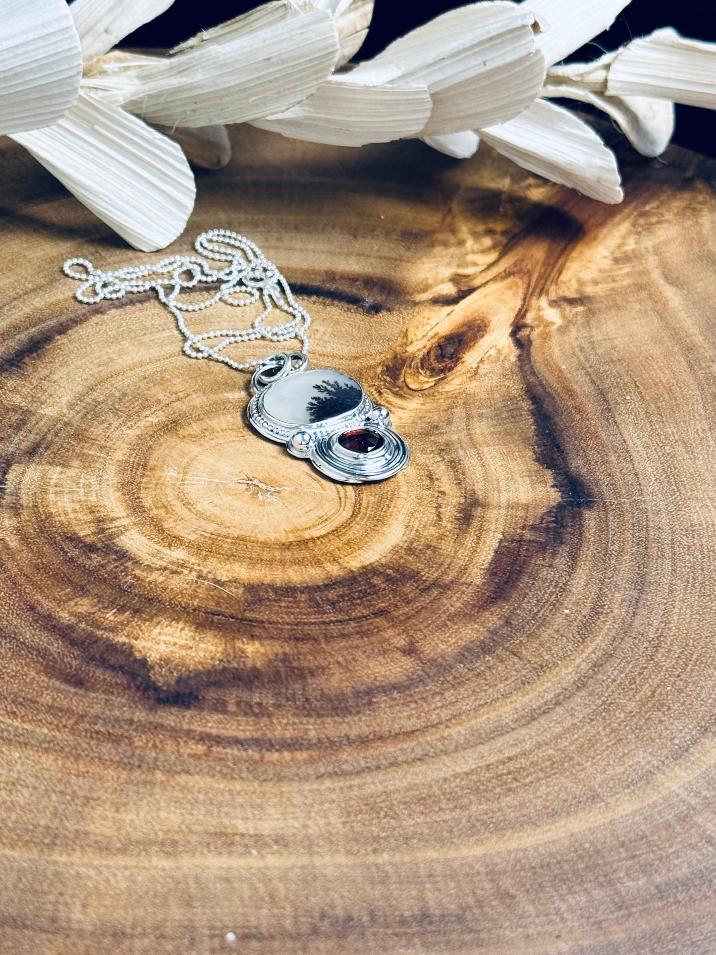Sterling Silver Scenic Agate and Garnet Pendant Necklace