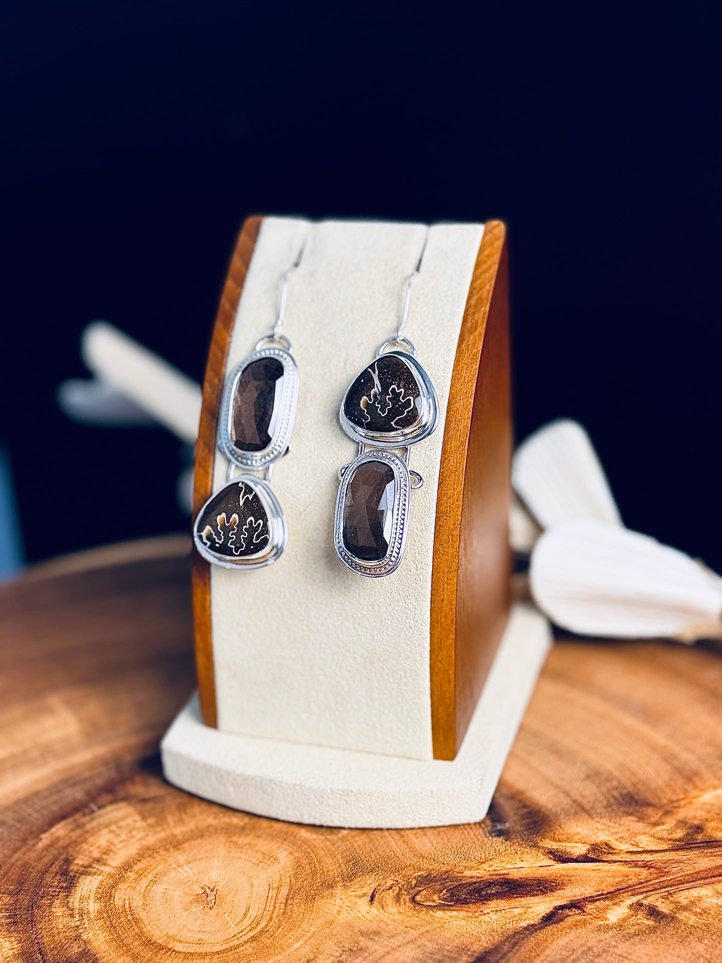 Sterling Silver Ammonite and Gold Sheen Sapphire Earrings