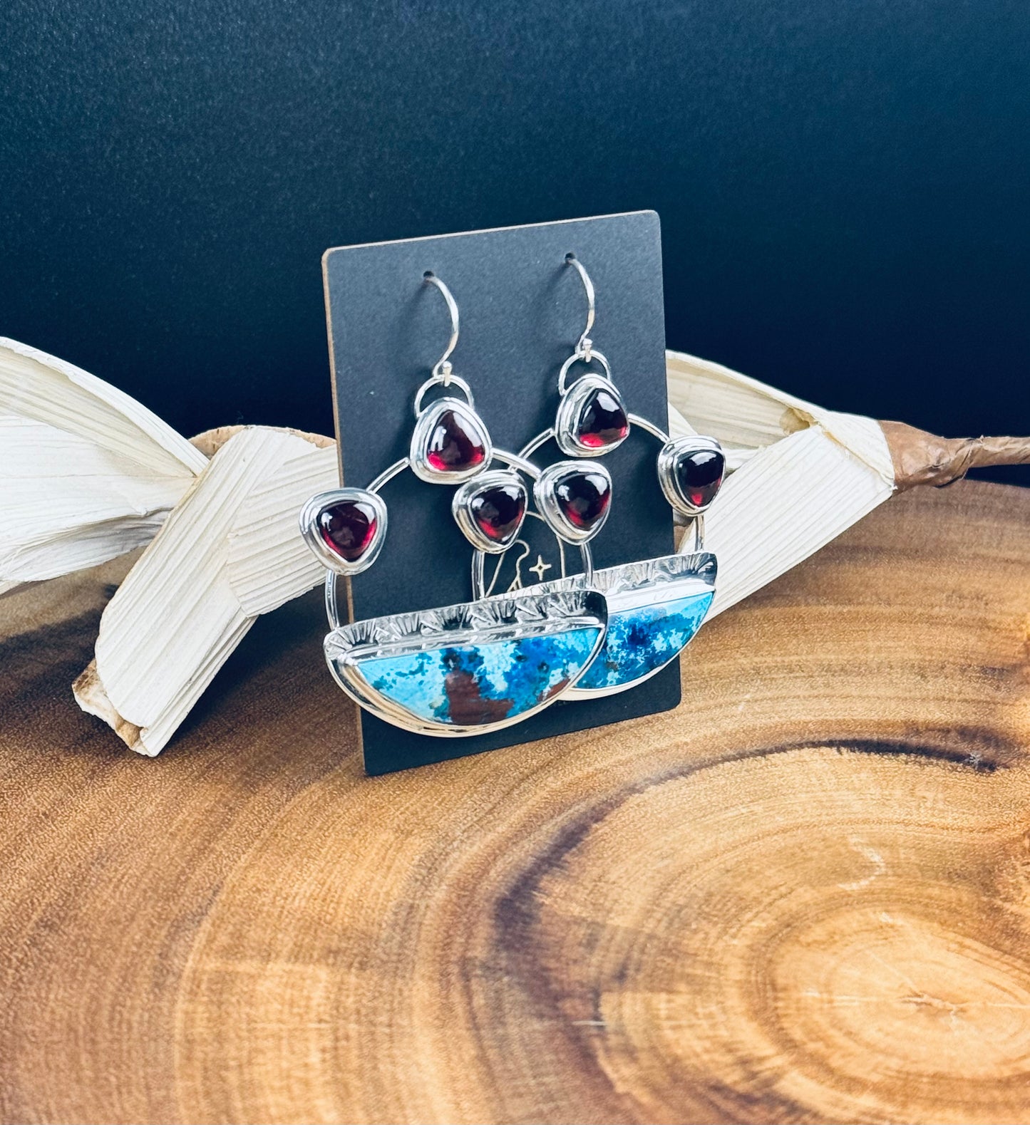 Shattuckite, Chrysocolla and Cuprite with Garnet Sterling Silver Earrings