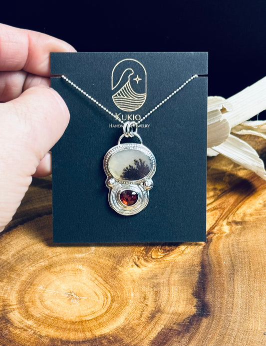 Sterling Silver Scenic Agate and Garnet Pendant Necklace