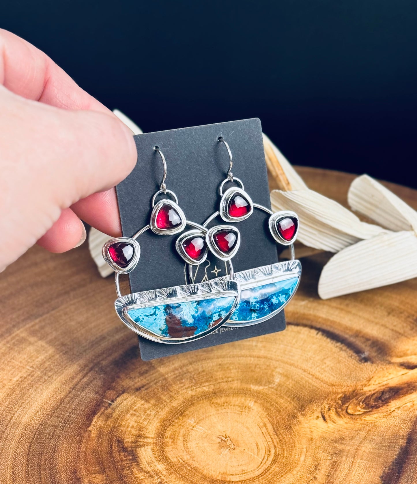 Shattuckite, Chrysocolla and Cuprite with Garnet Sterling Silver Earrings