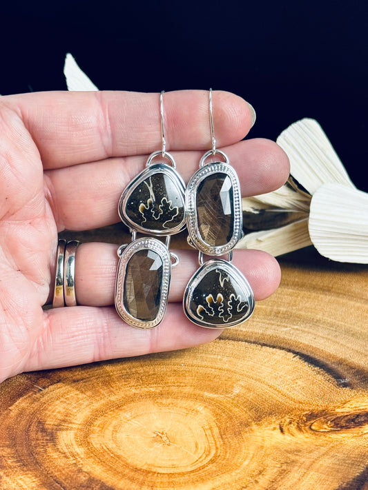 Sterling Silver Ammonite and Gold Sheen Sapphire Earrings