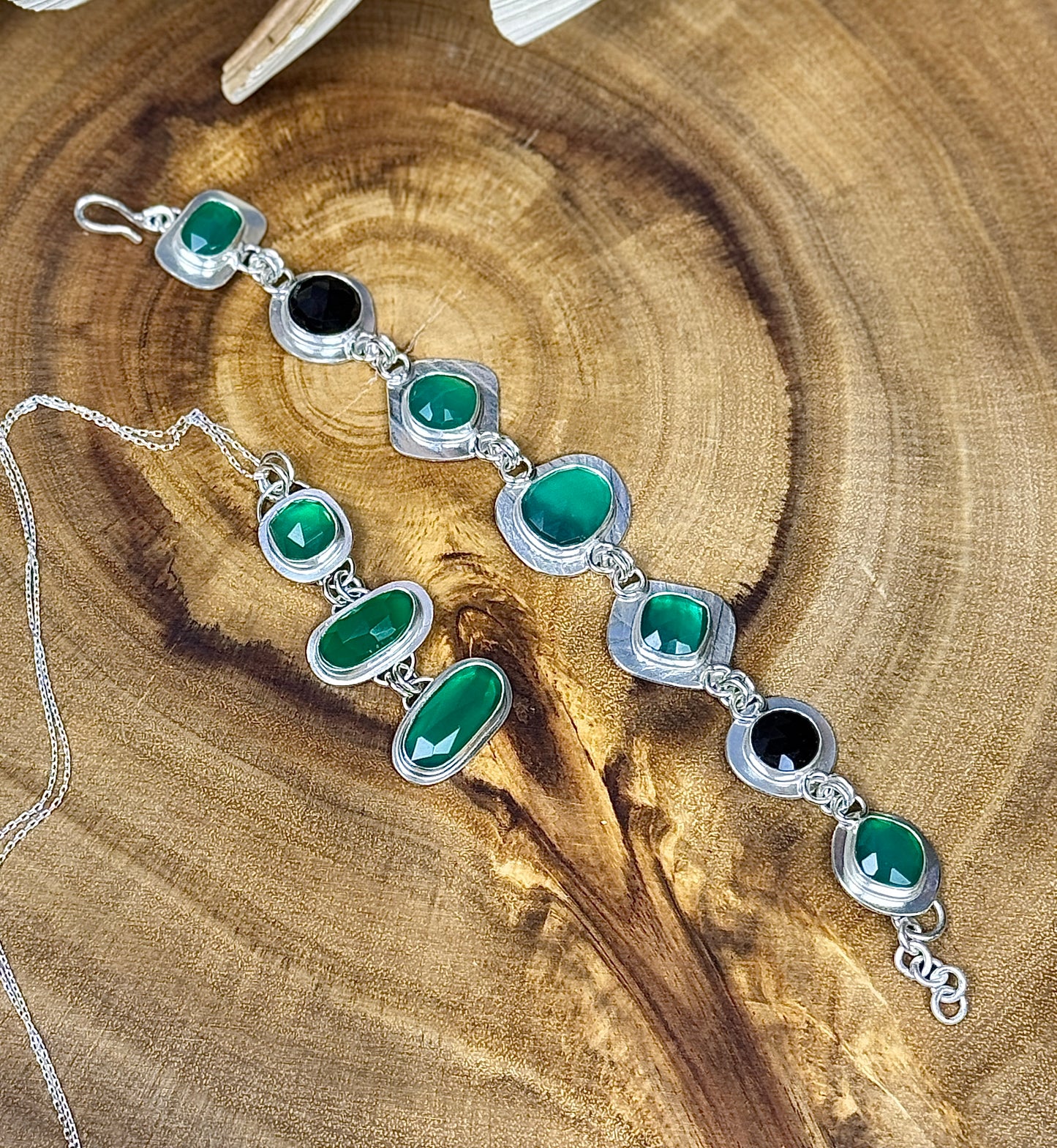 Sterling Silver Green and Black Onyx Bracelet