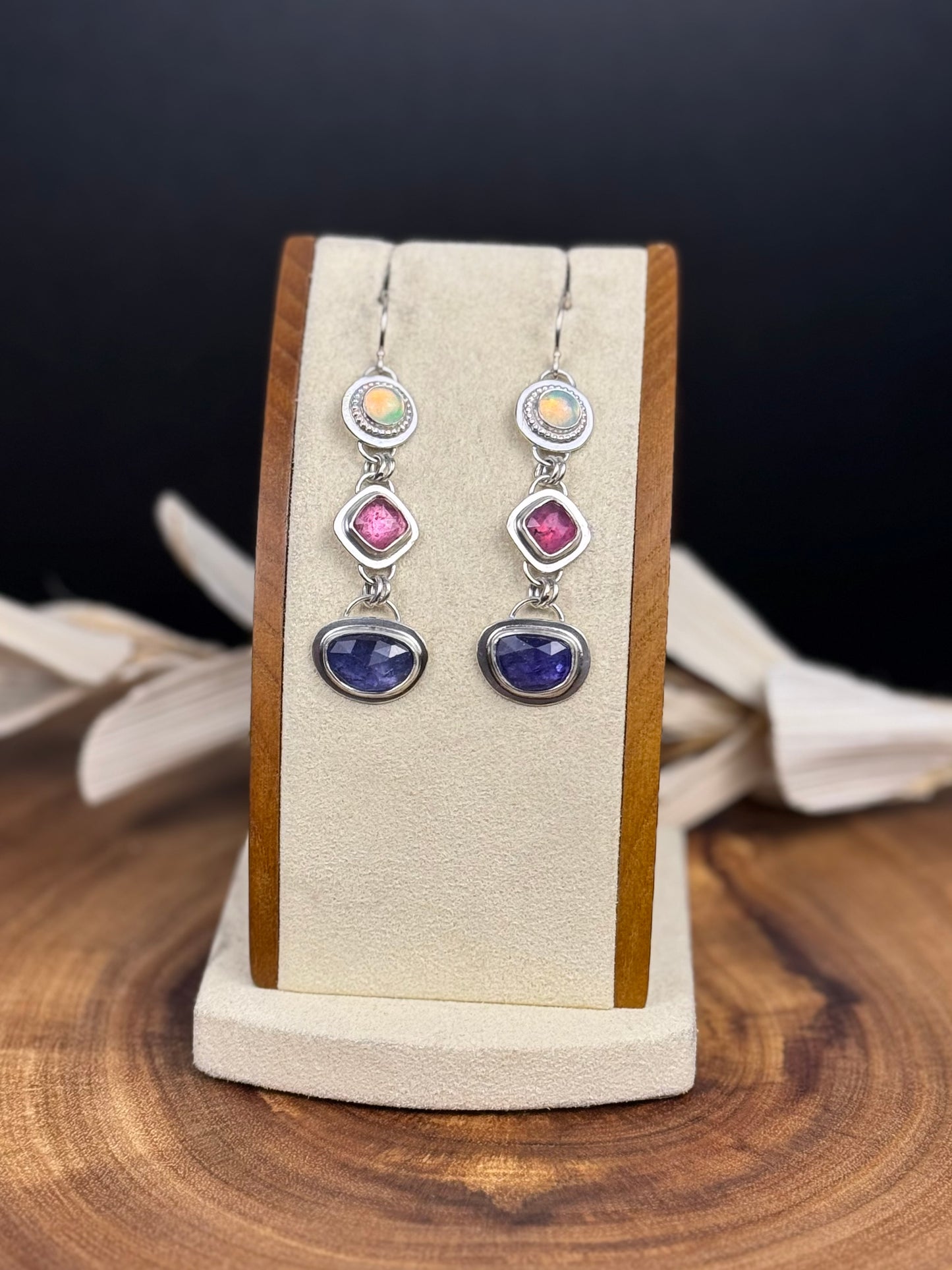 Sterling Silver Tanzanite, Pink Sapphire and Opal Earrings