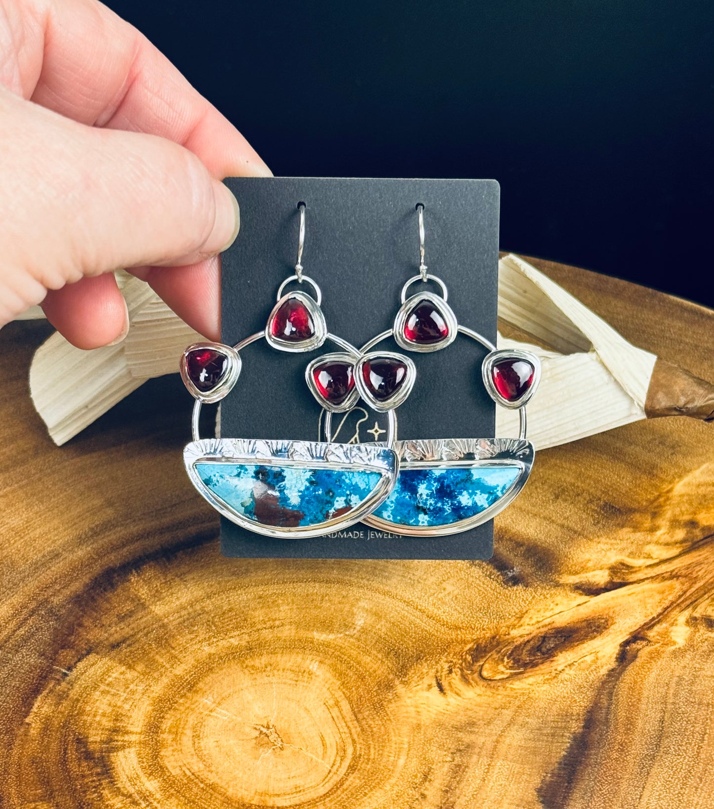 Shattuckite, Chrysocolla and Cuprite with Garnet Sterling Silver Earrings