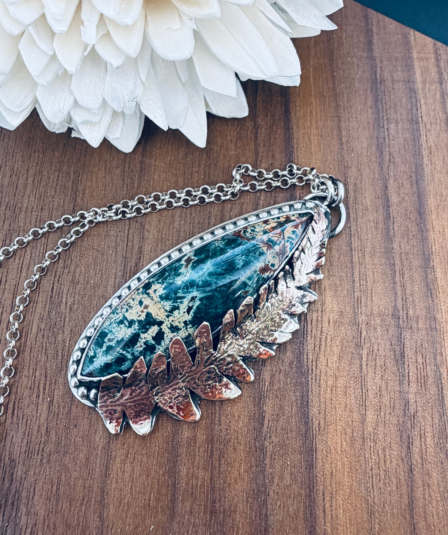 Sterling Silver Morning Dew Jasper with Brass Fern Leaf