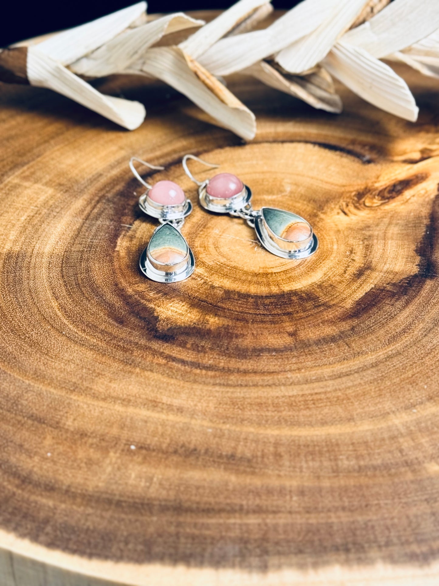 Polychrome Jasper and Guava Quartz Sterling Silver Earrings