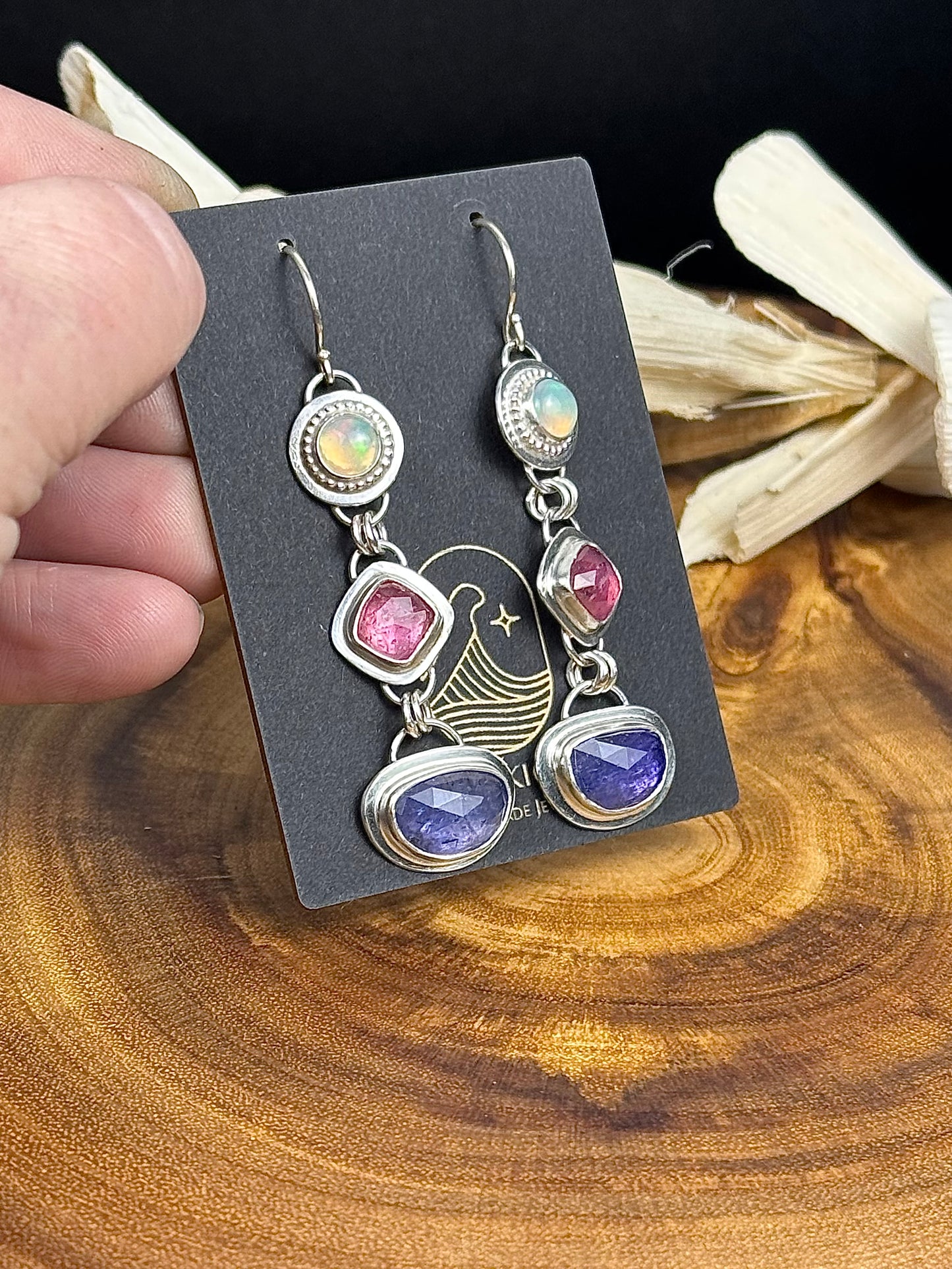 Sterling Silver Tanzanite, Pink Sapphire and Opal Earrings