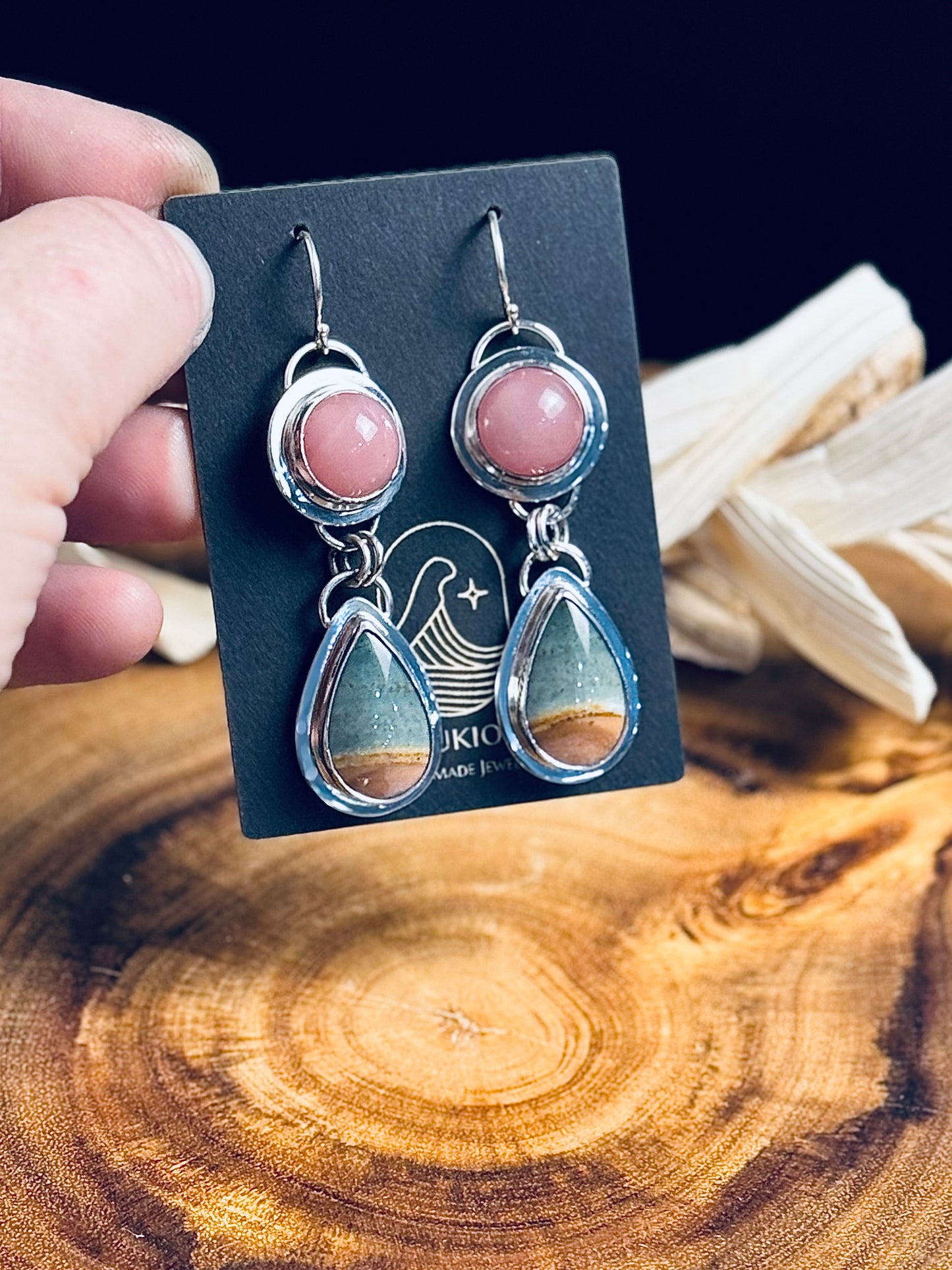 Polychrome Jasper and Guava Quartz Sterling Silver Earrings