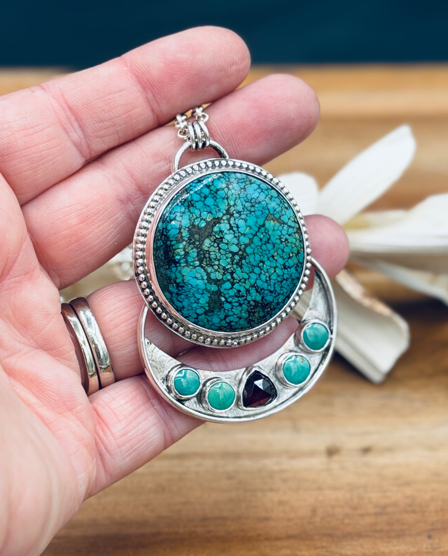 Hubei Turquoise with Turquoise and Garnet Sterling Silver Pendant