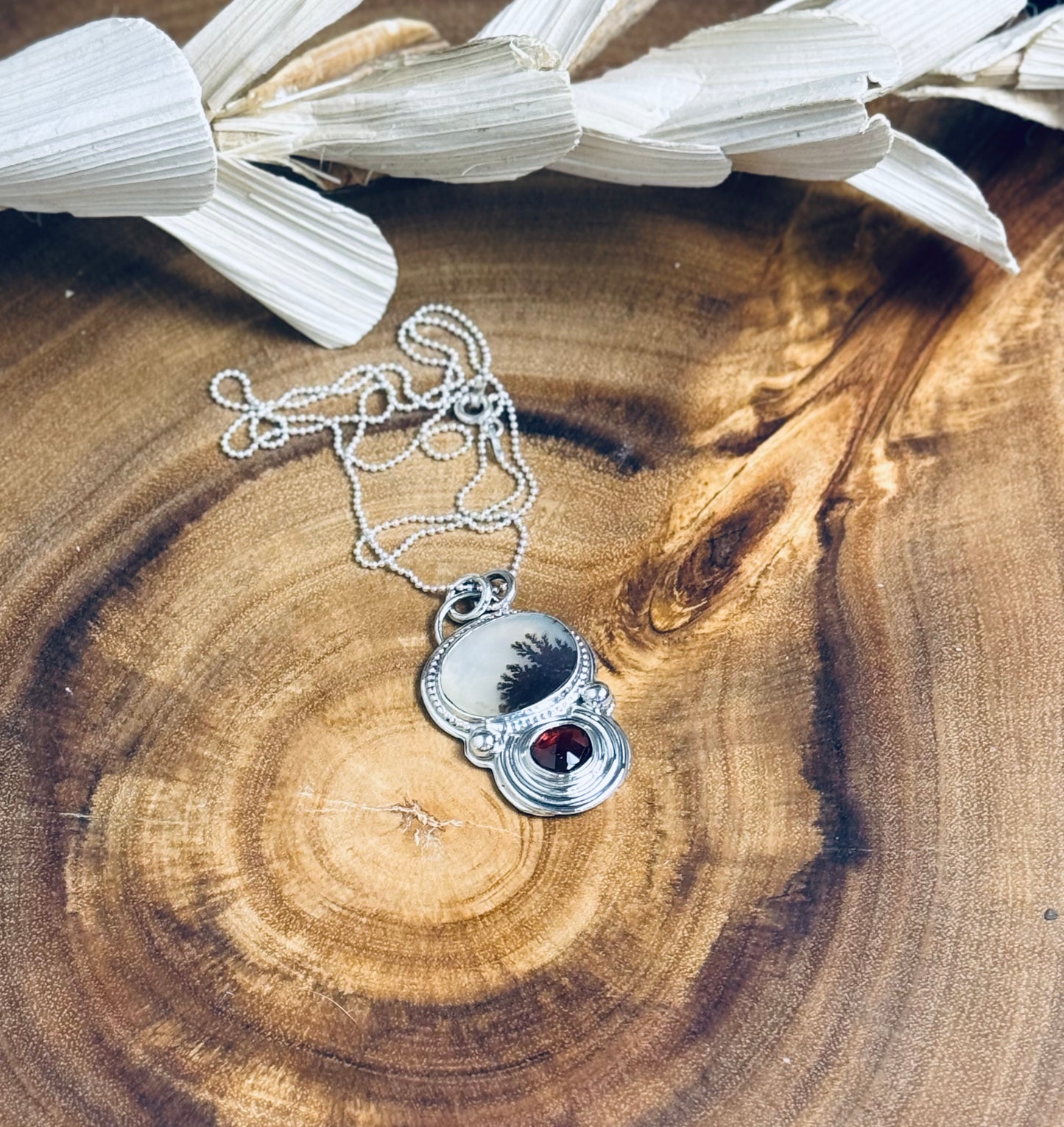 Sterling Silver Scenic Agate and Garnet Pendant Necklace