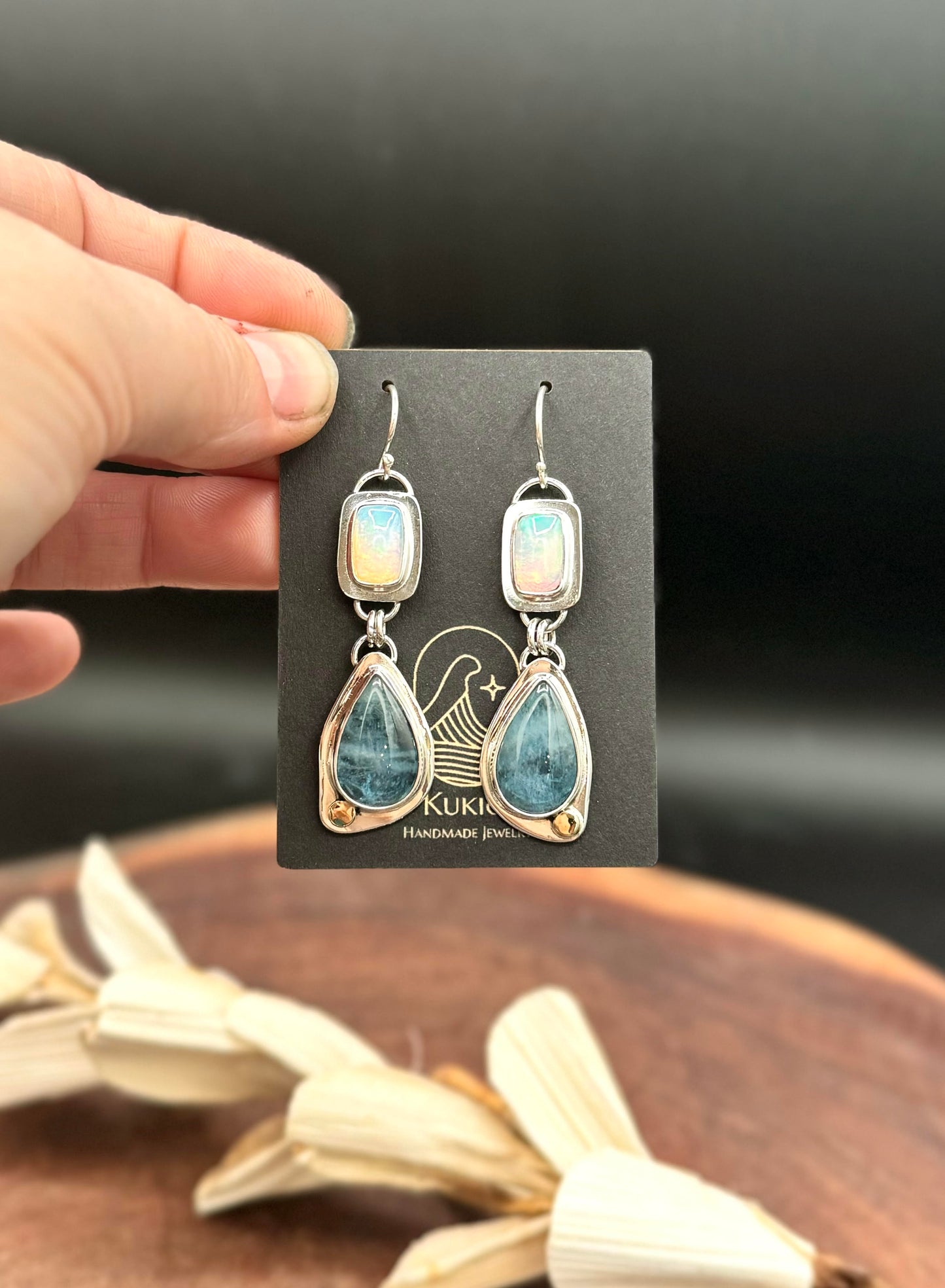 High Grade Aquamarine and Opal Sterling Silver Earrings