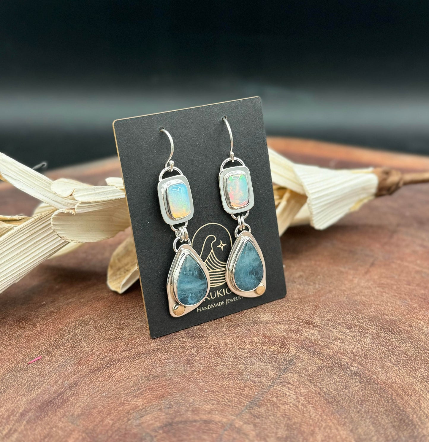 High Grade Aquamarine and Opal Sterling Silver Earrings