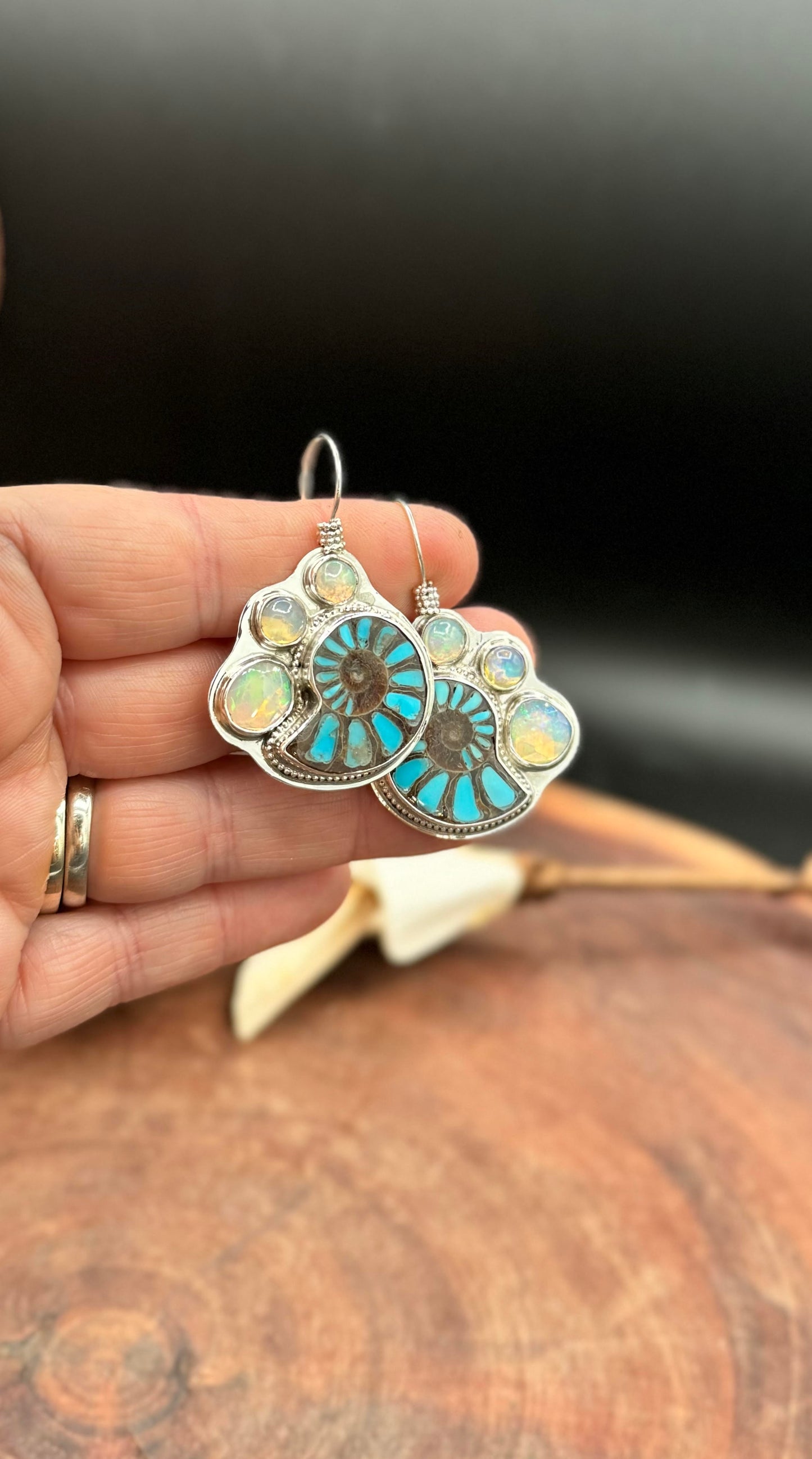 Ammonite with Turquoise Inlay and Opal Earrings