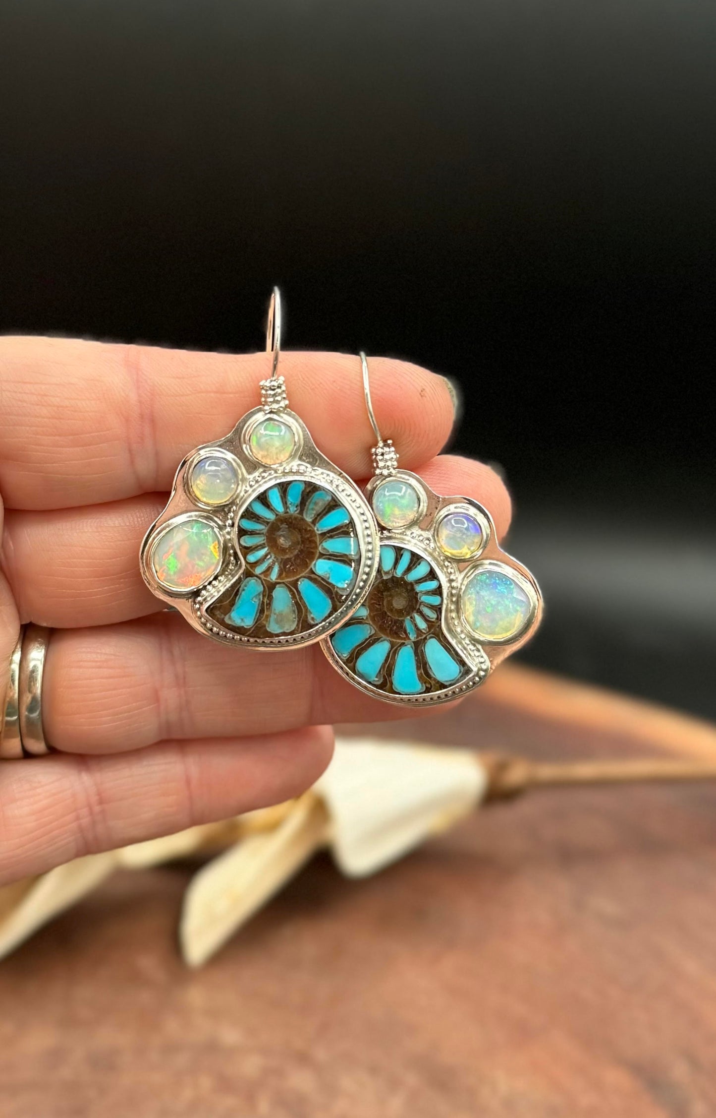 Ammonite with Turquoise Inlay and Opal Earrings