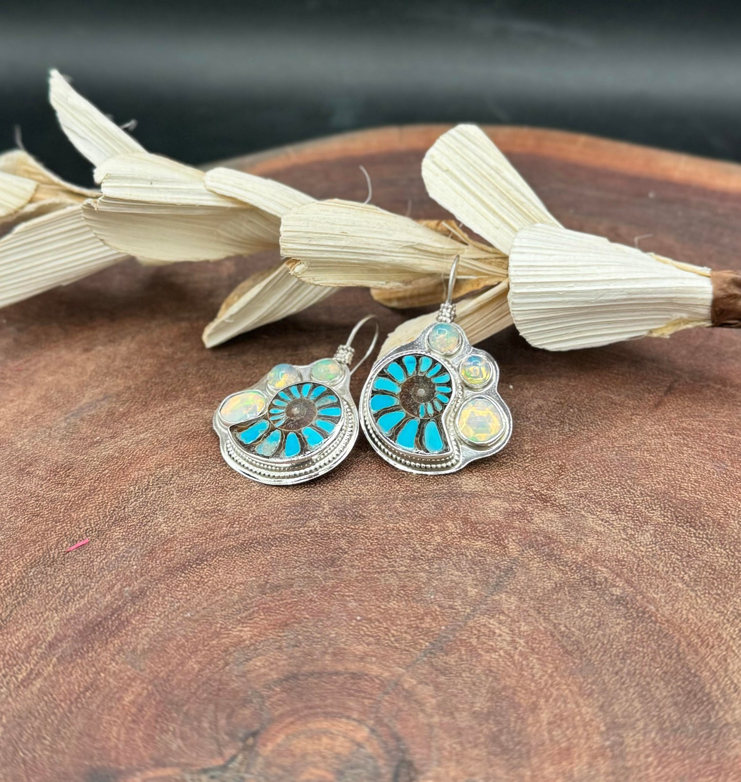 Ammonite with Turquoise Inlay and Opal Earrings