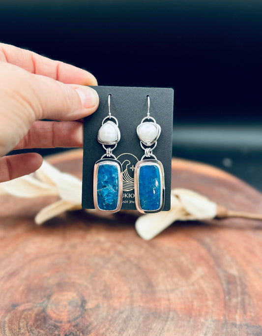 Neon Apatite and Fresh Water Pearl Sterling Silver Earrings