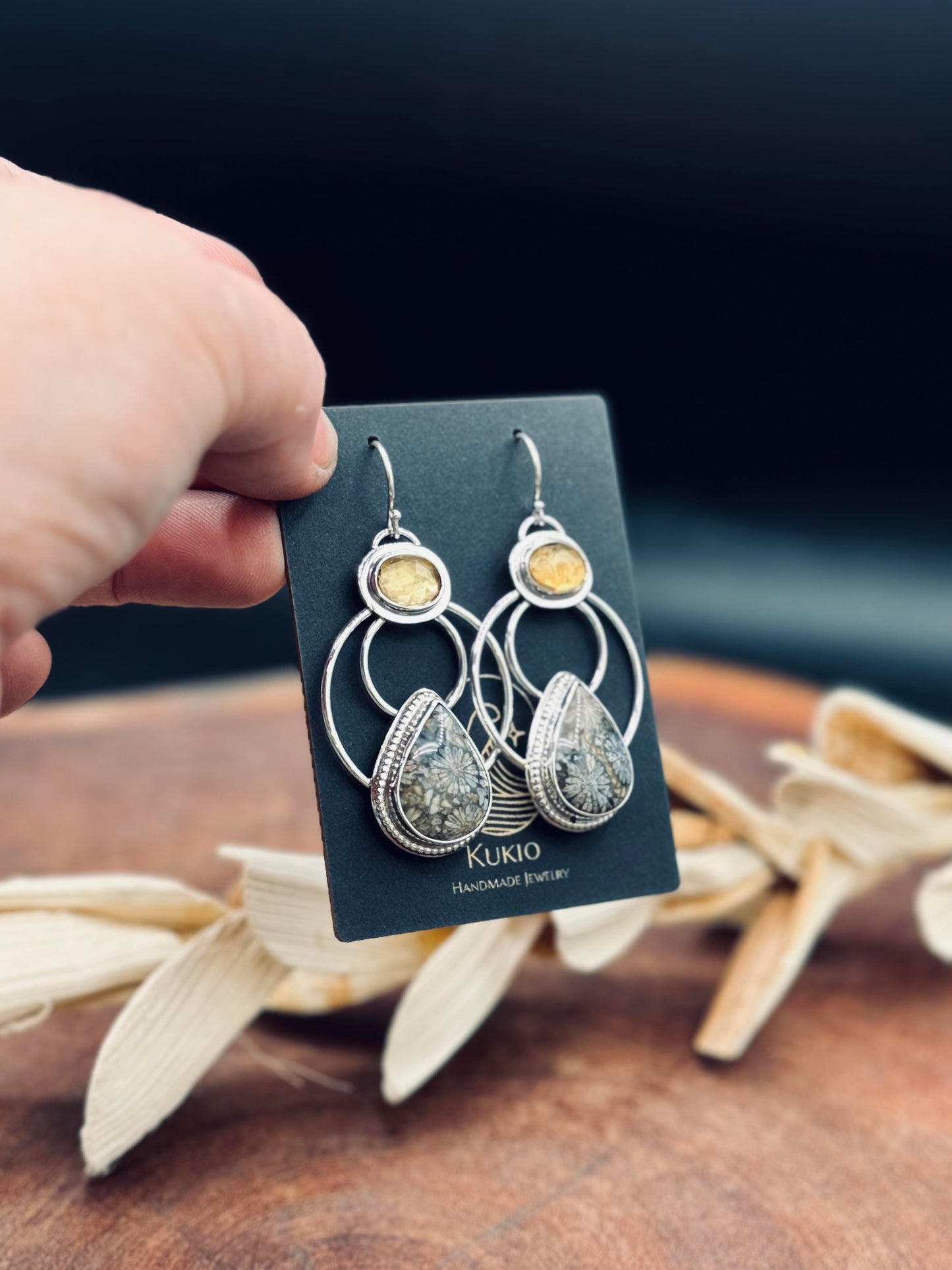 Sterling Silver Fossilized Coral and Citrine Hoop Earrings