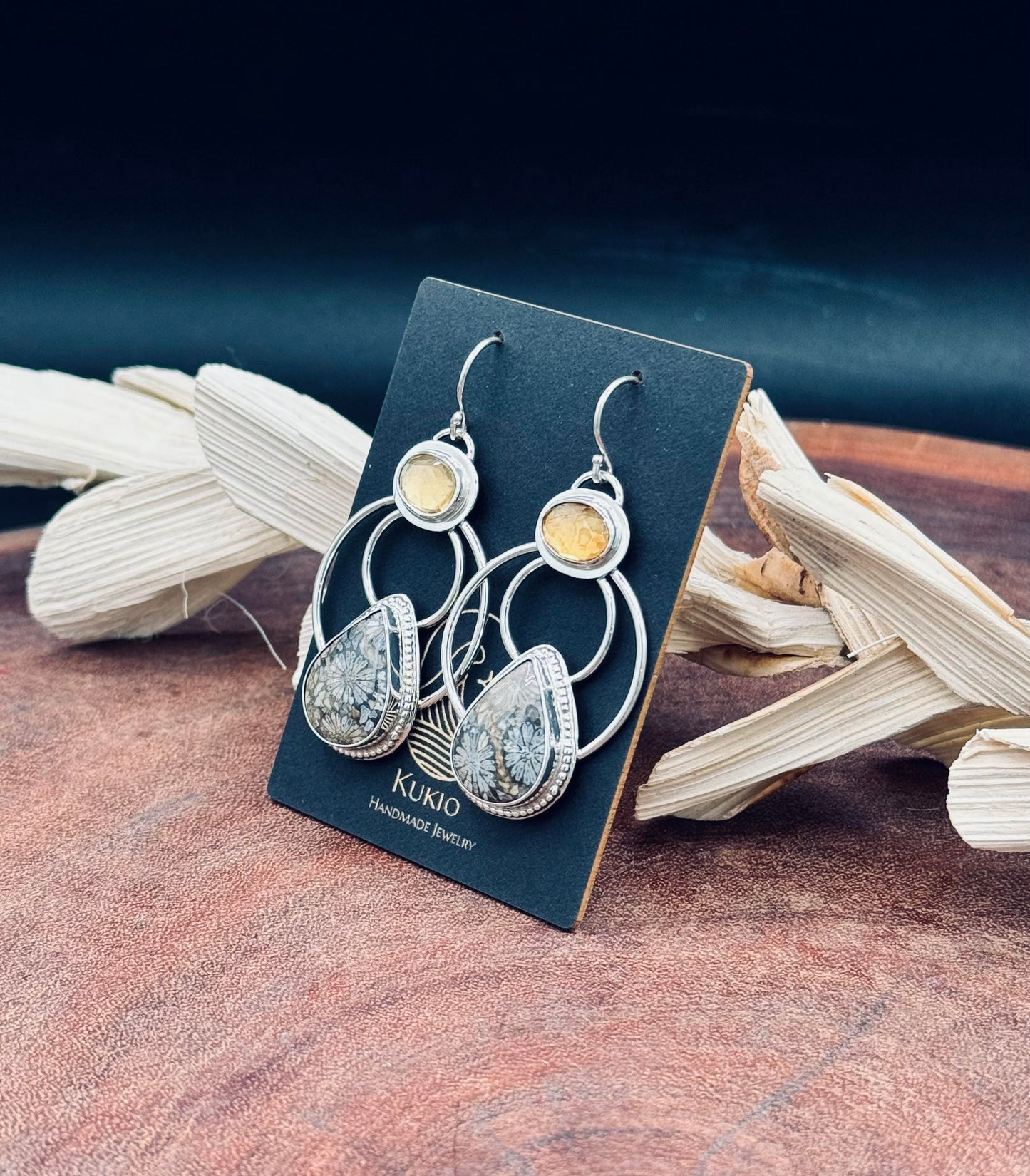 Sterling Silver Fossilized Coral and Citrine Hoop Earrings