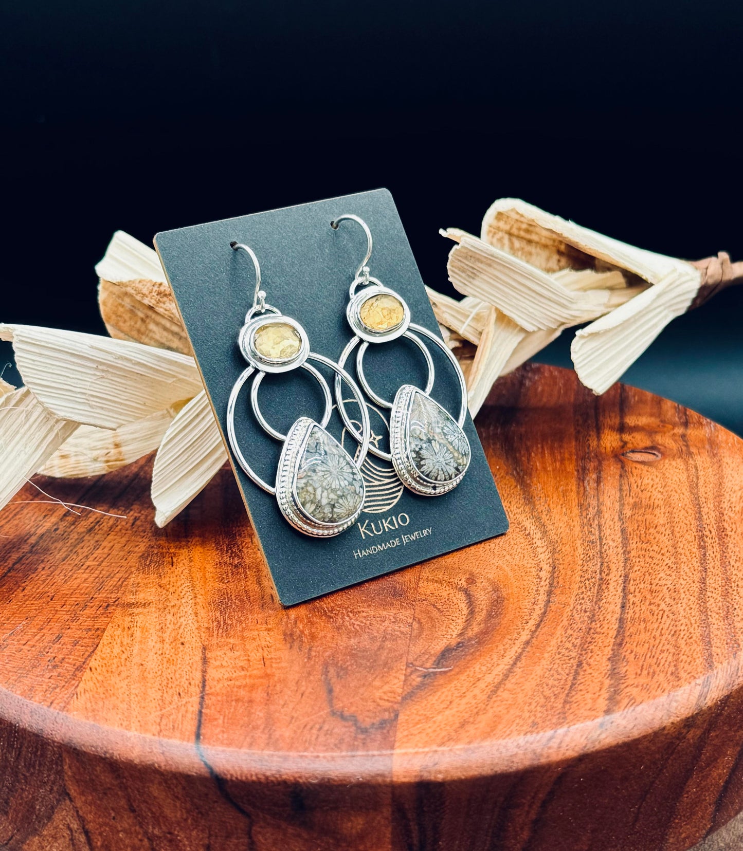 Sterling Silver Fossilized Coral and Citrine Hoop Earrings