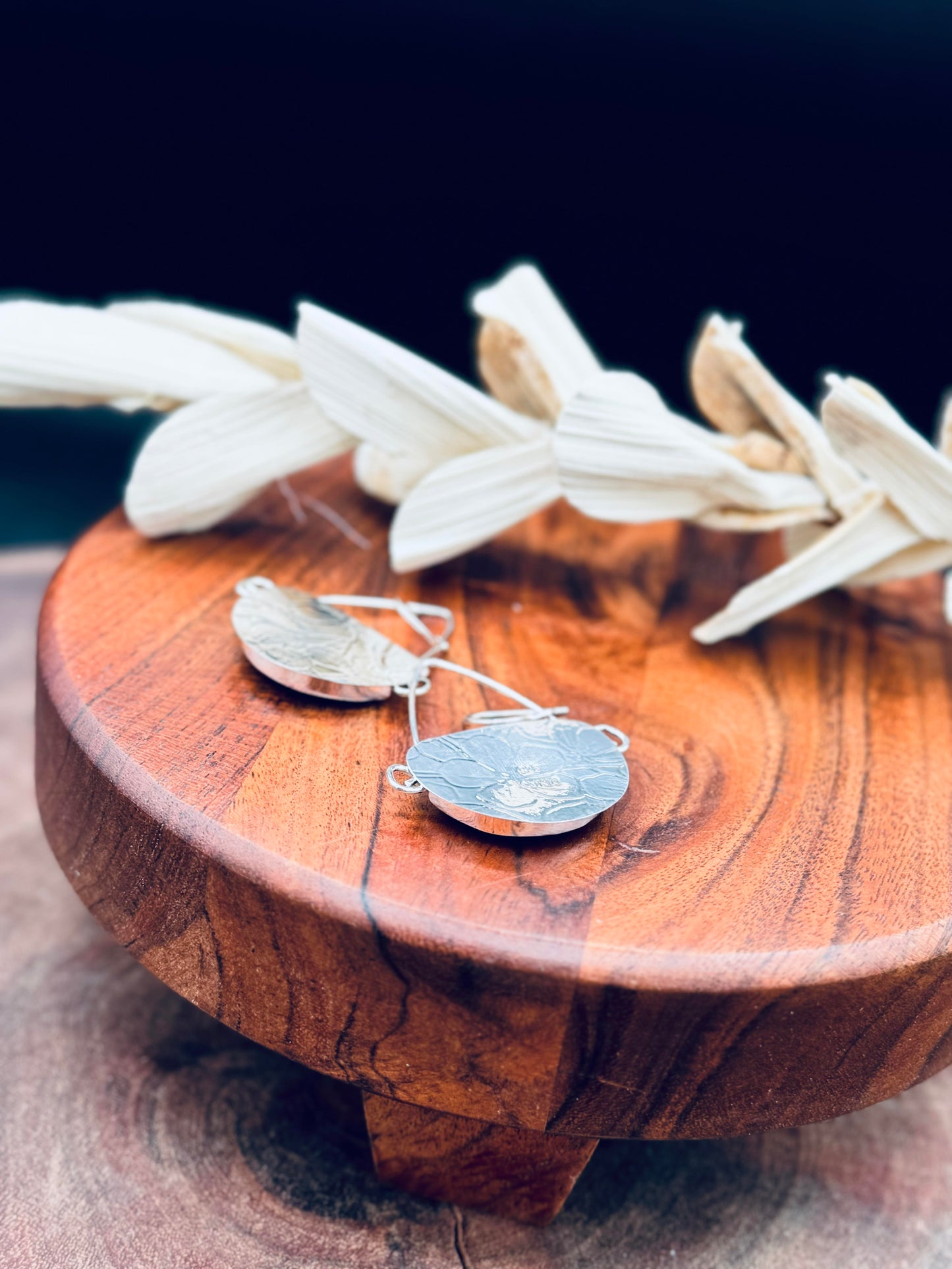 Sterling Silver Patterned Blue Opalized Wood Earrings