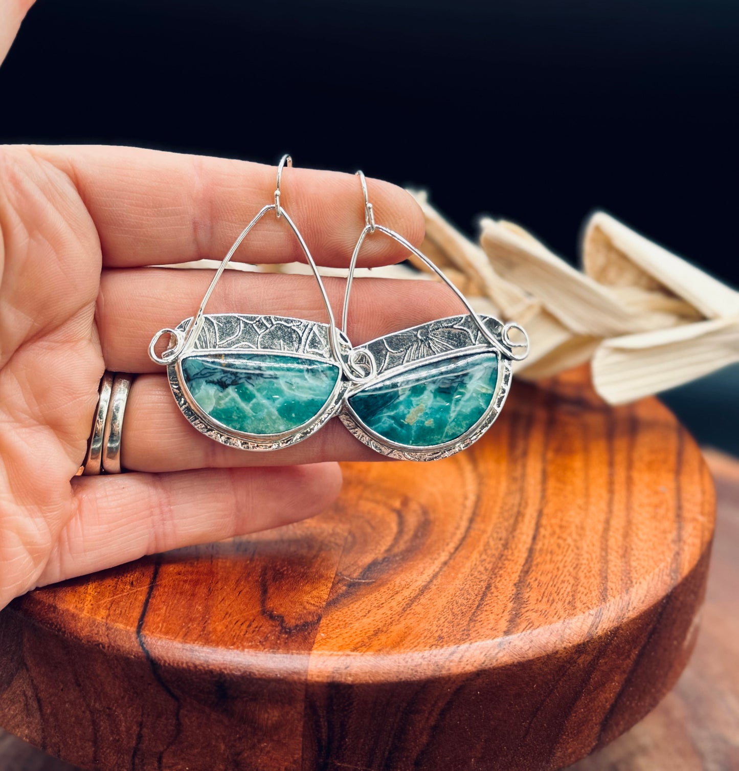 Sterling Silver Patterned Blue Opalized Wood Earrings