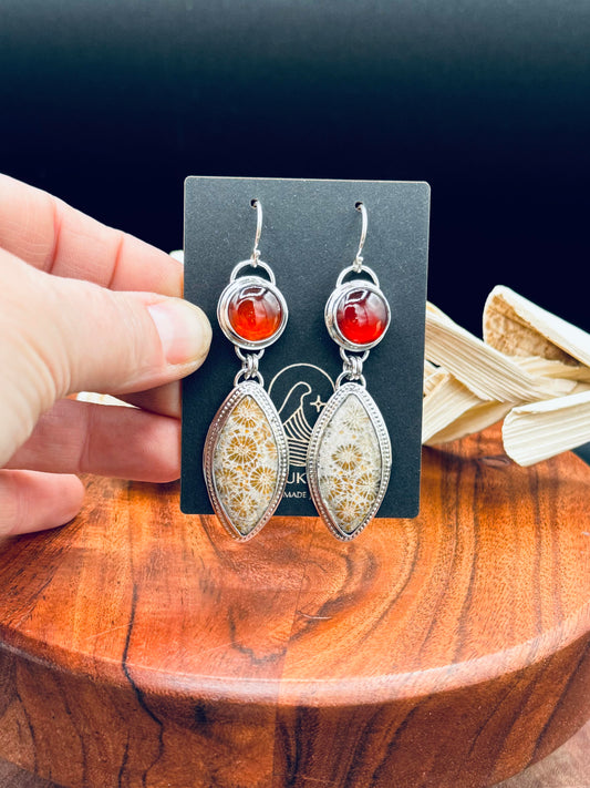 Fossilized Coral and Hessonite Garnet Sterling Silver Earrings