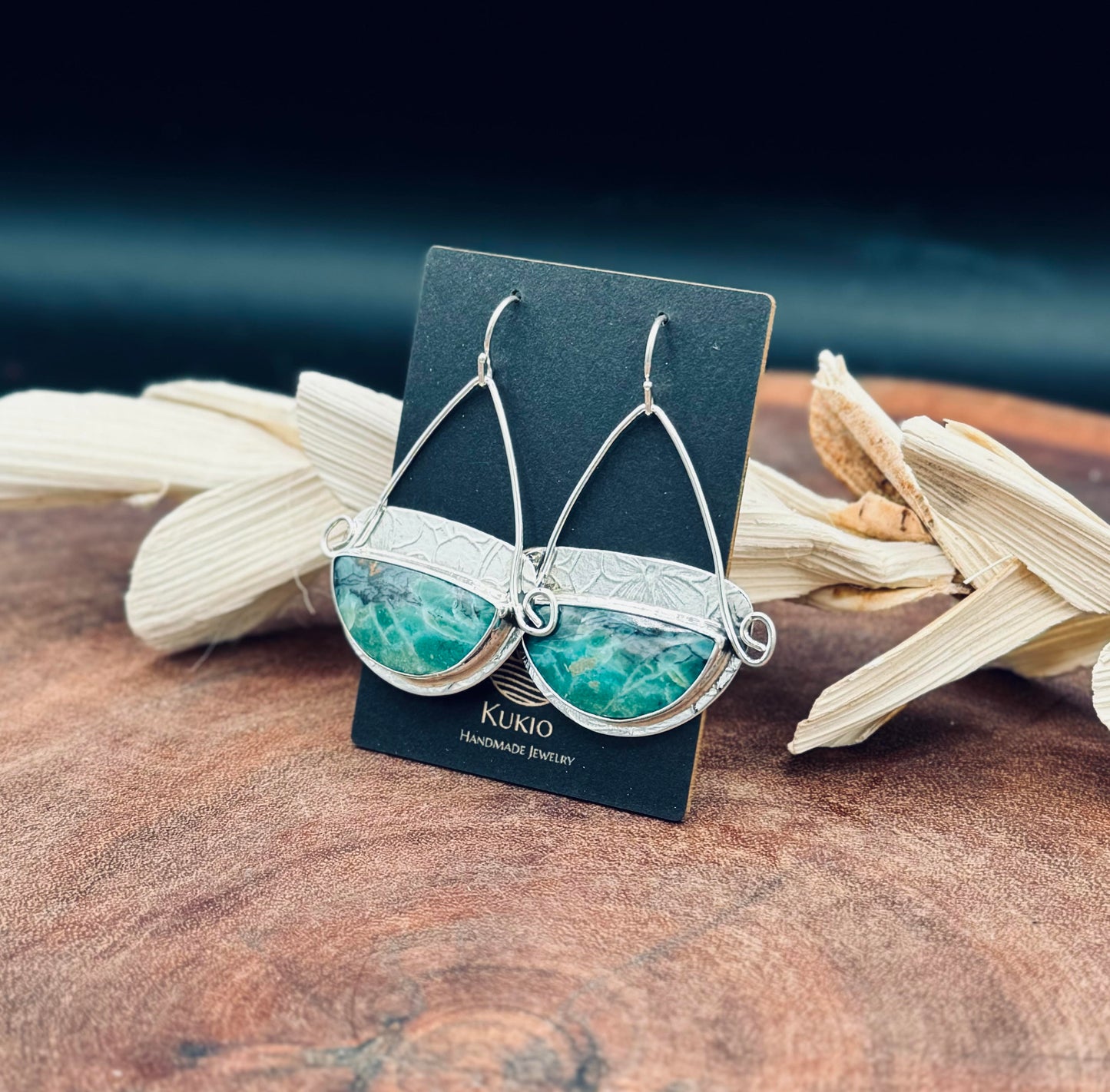 Sterling Silver Patterned Blue Opalized Wood Earrings