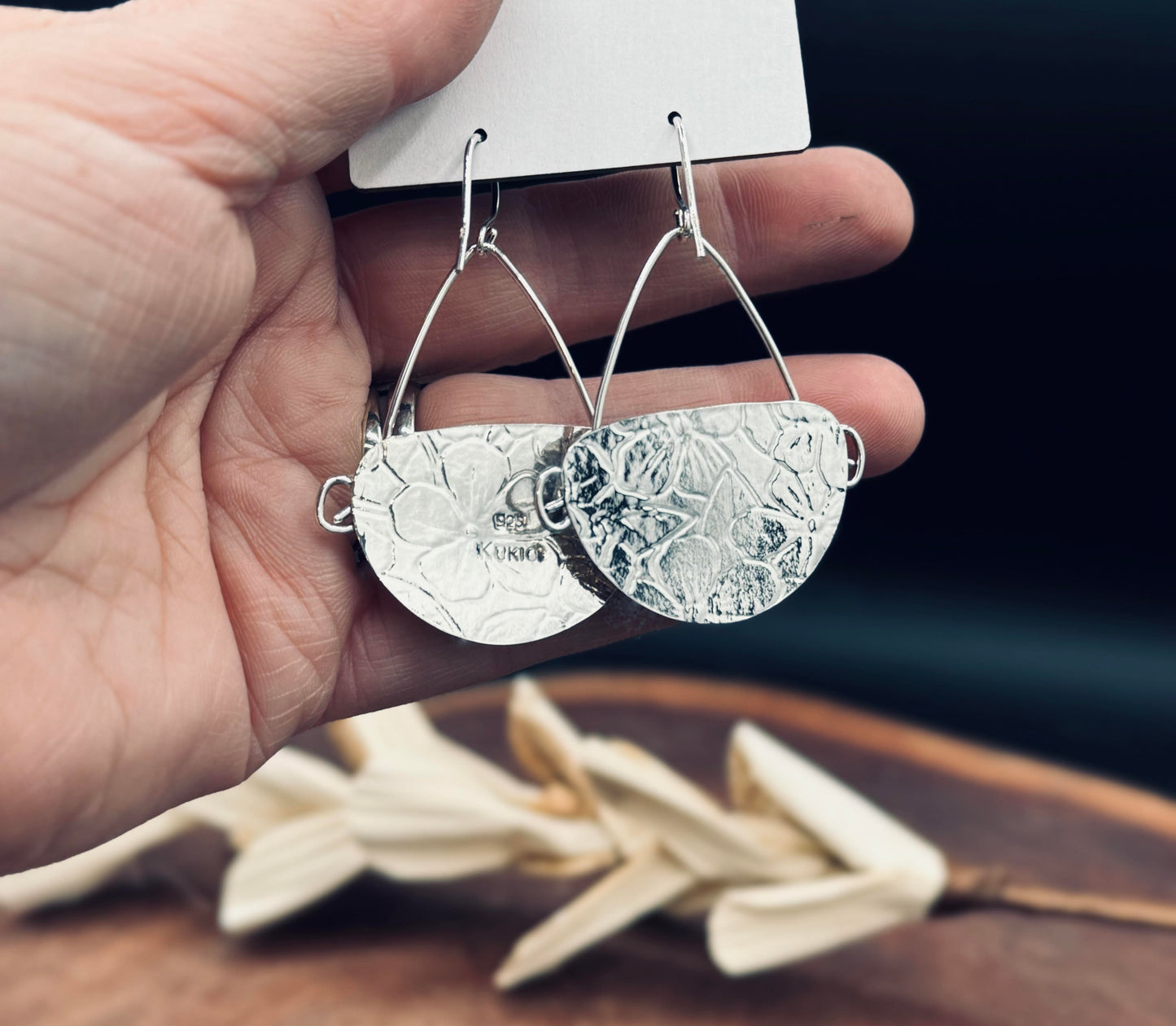 Sterling Silver Patterned Blue Opalized Wood Earrings