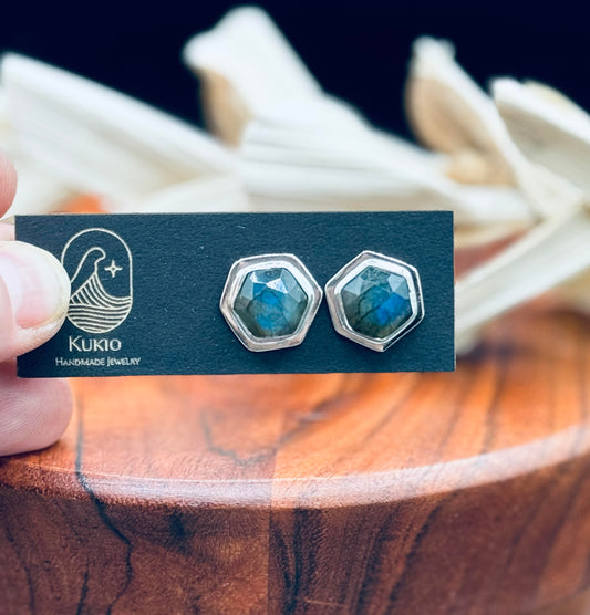 Hexagon Shaped Blue Flash Labradorite Studs