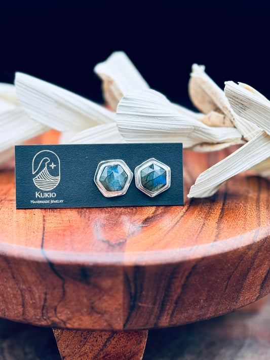 Hexagon Shaped Blue Flash Labradorite Studs