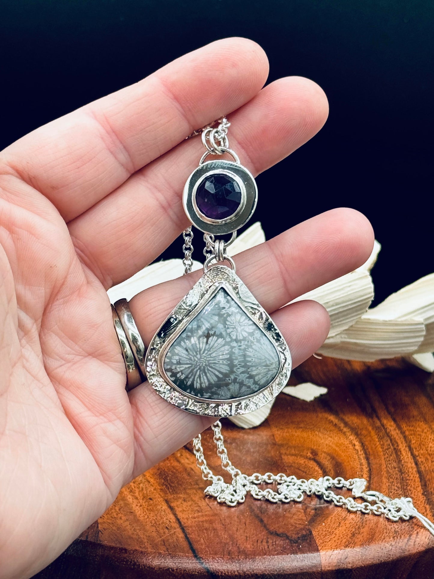 Sterling Silver Fossilized Coral and Amethyst Pendant Necklace