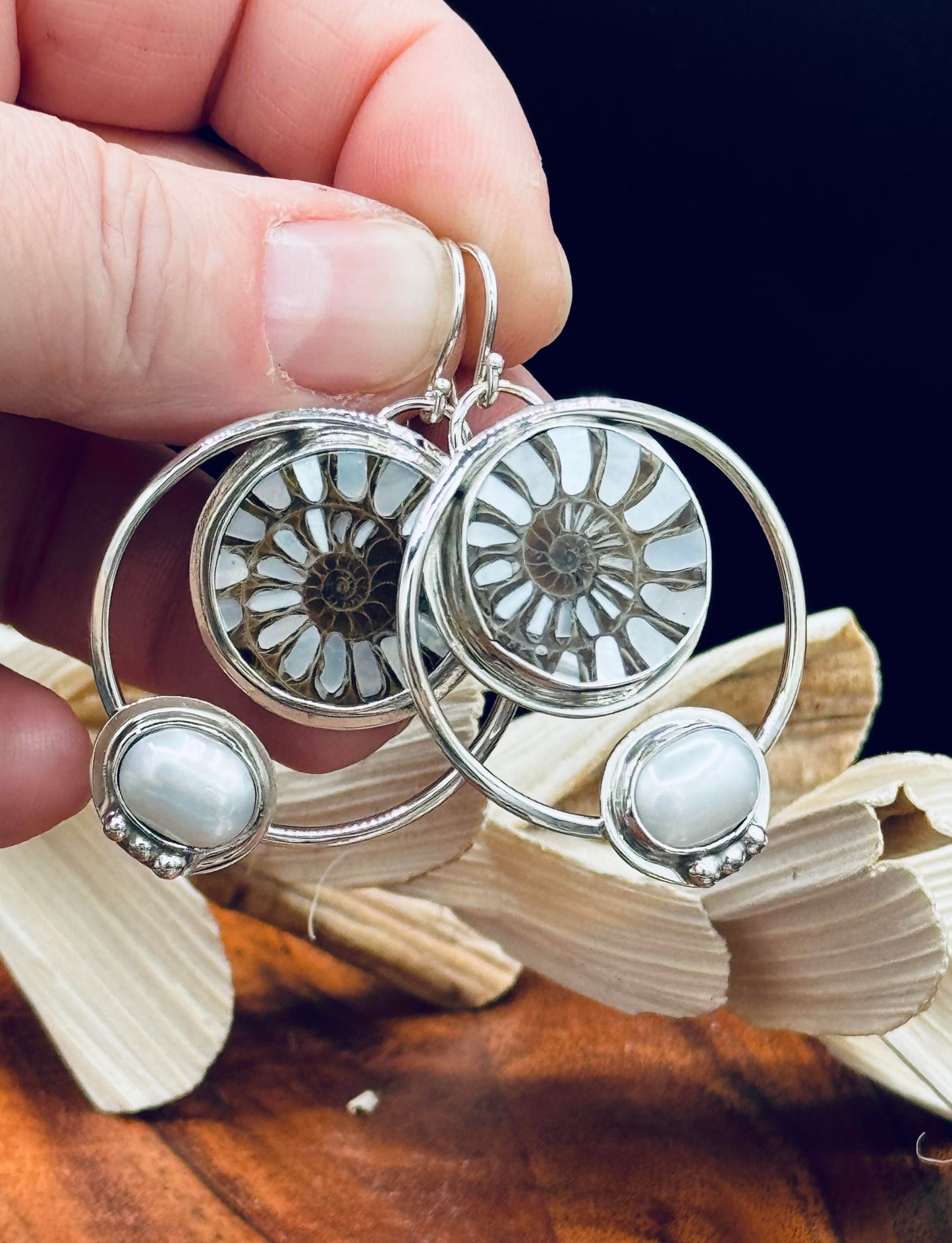 Ammonite with MOP Inlay and Fresh Water Pearl Earrings