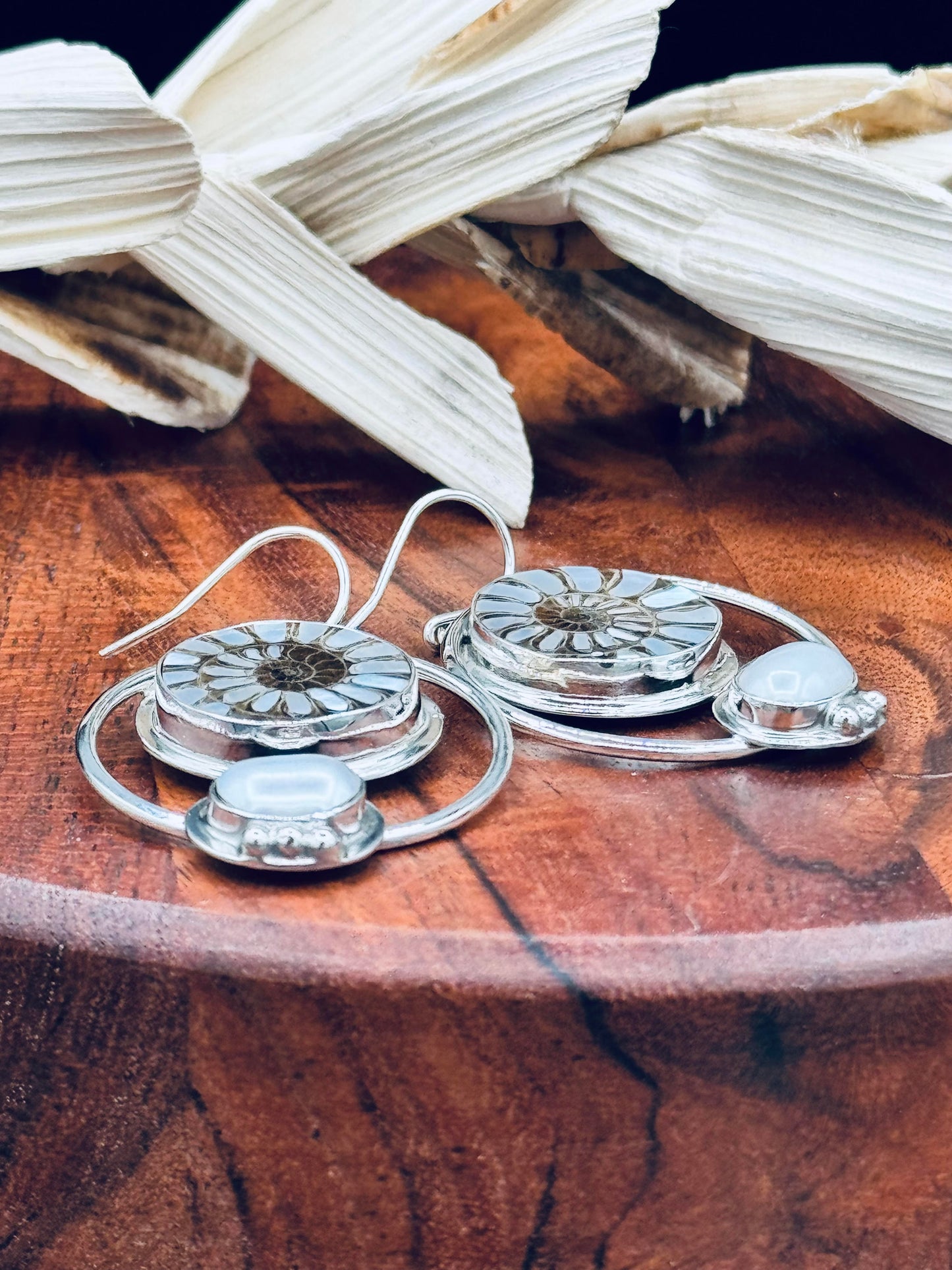 Ammonite with MOP Inlay and Fresh Water Pearl Earrings