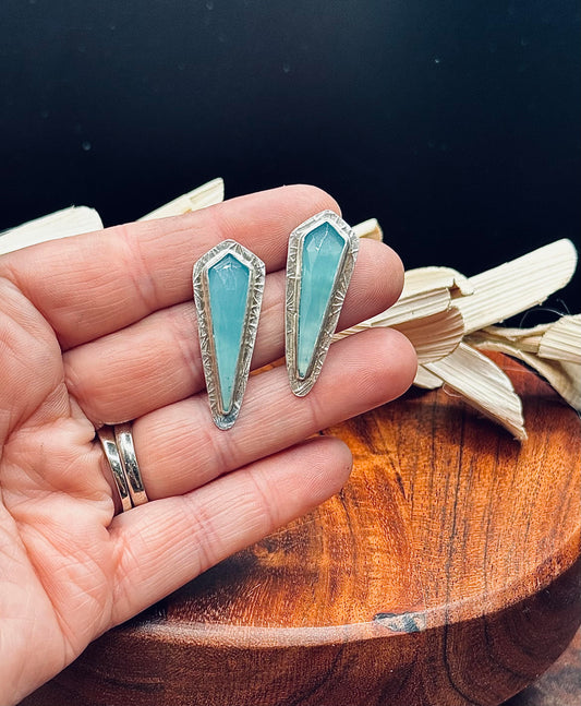 Aqua Chalcedony Sterling Silver Patterned Earrings