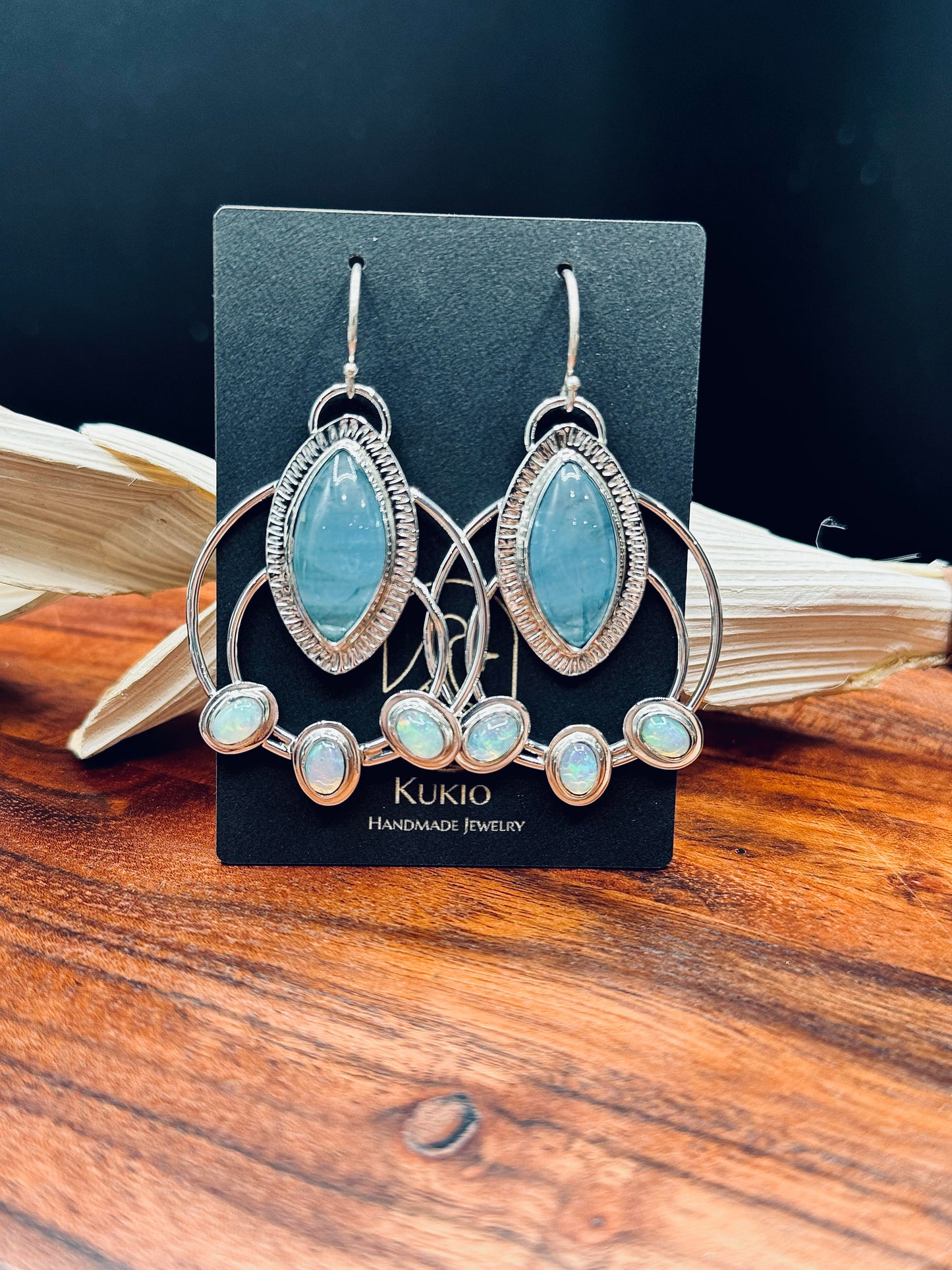 Sterling Silver Aquamarine and Opal Double Hoop Earrings